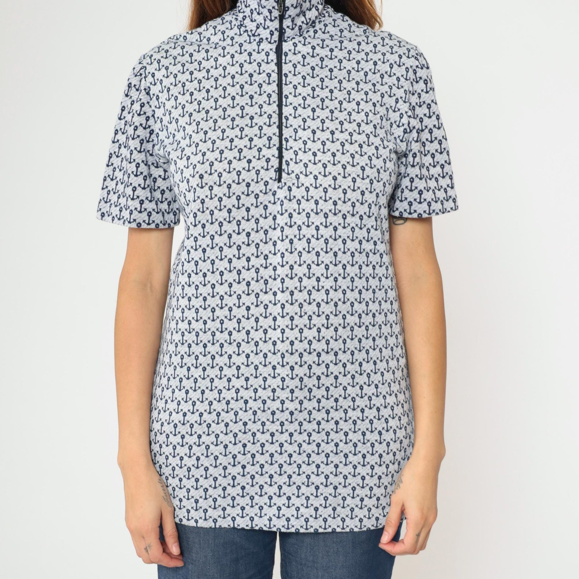 70s Nautical Anchor Print Quarter Zip Collared Top Blue Short Sleeve Medium Tall
