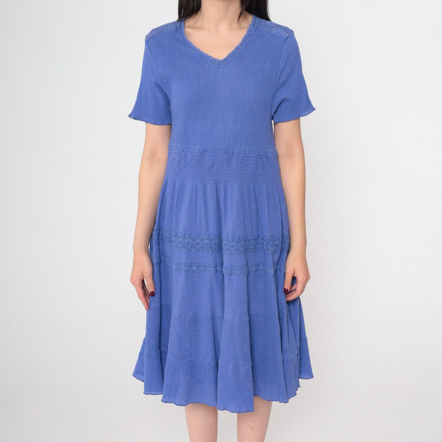 Y2K Blue Midi Dress Tiered Lace Trim V-Neck Short Sleeve Medium M