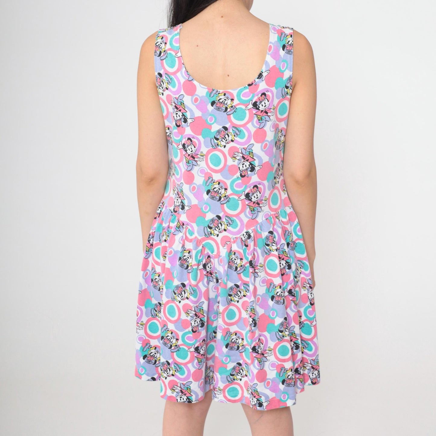 90s Disney Minnie Mouse Tank Dress Circle Print Pink Teal Lavender Small Medium