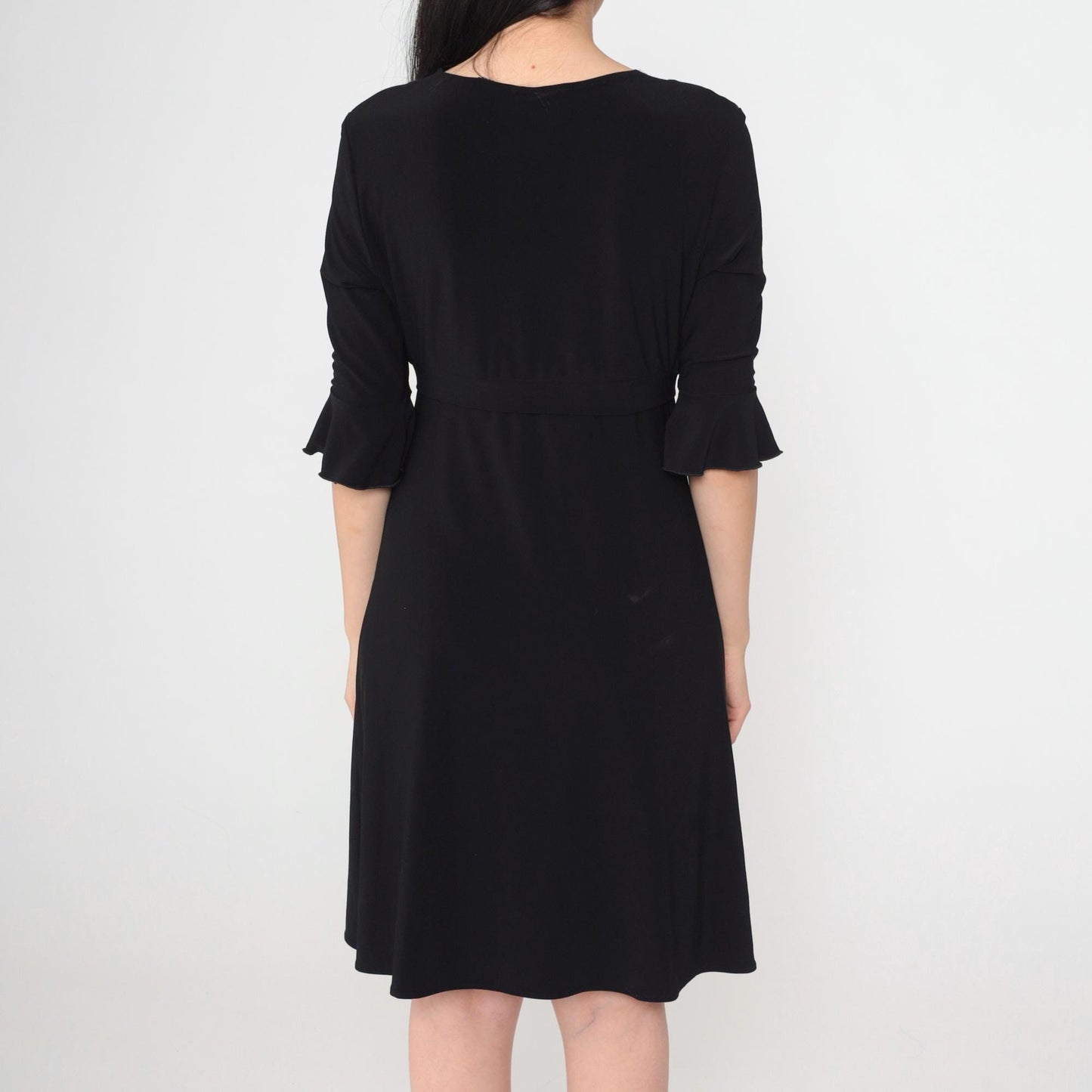 Y2K Black Mini Dress V-Neck Empire Waist Ruffle Sleeve Medium M