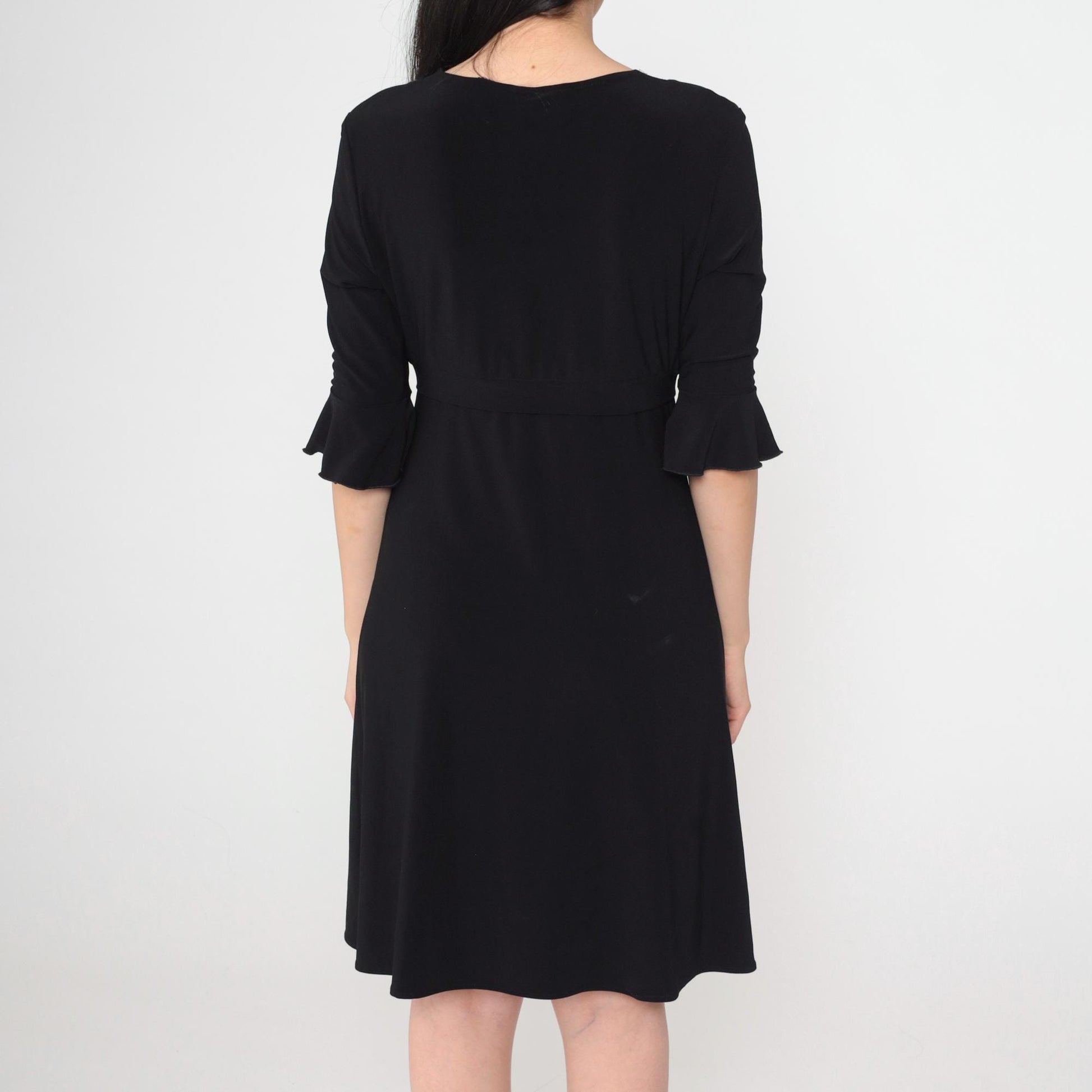 Y2K Black Mini Dress V-Neck Empire Waist Ruffle Sleeve Medium M