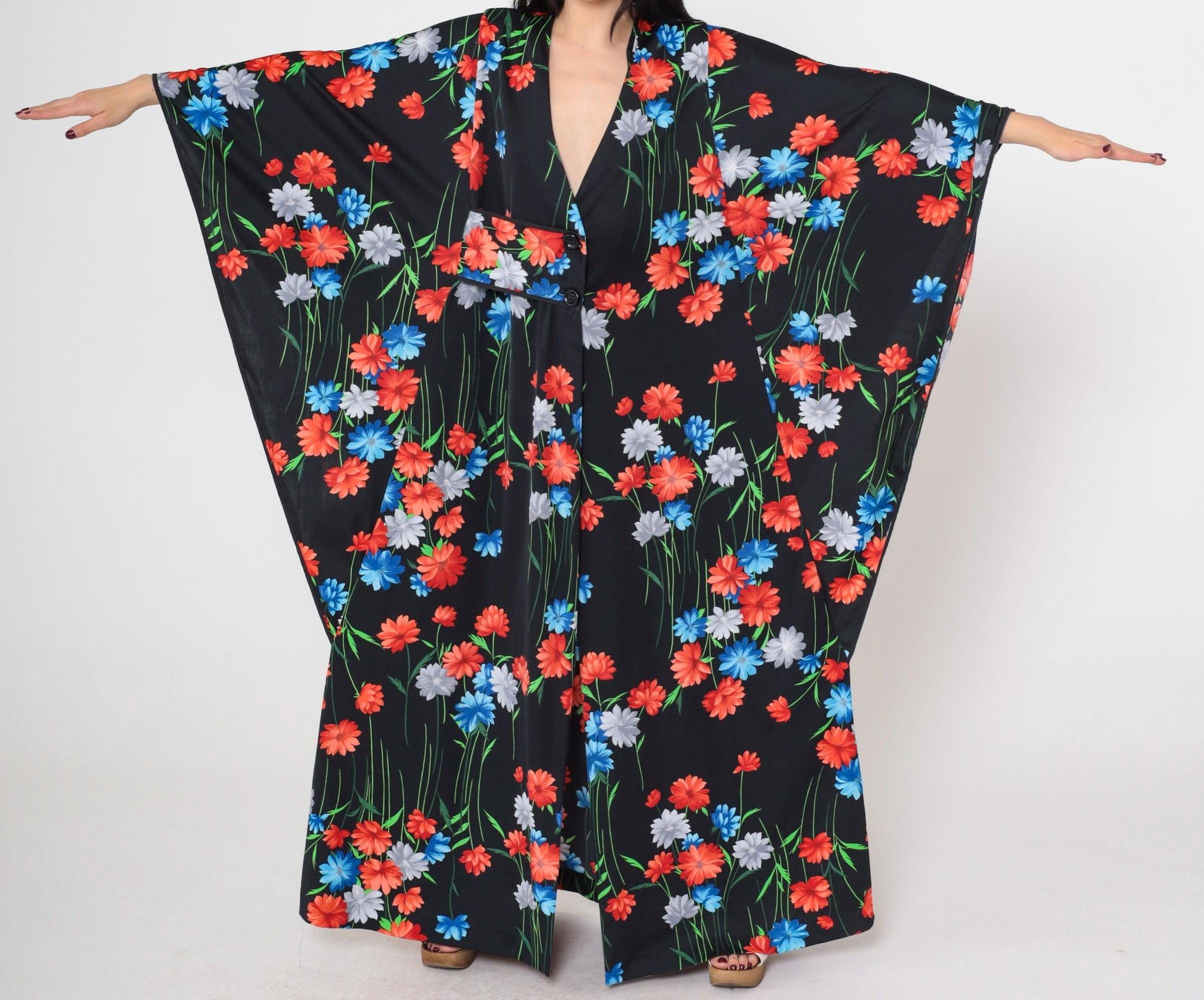 70s Black Floral Maxi Dress Kimono Sleeve Button Front Slit One Size