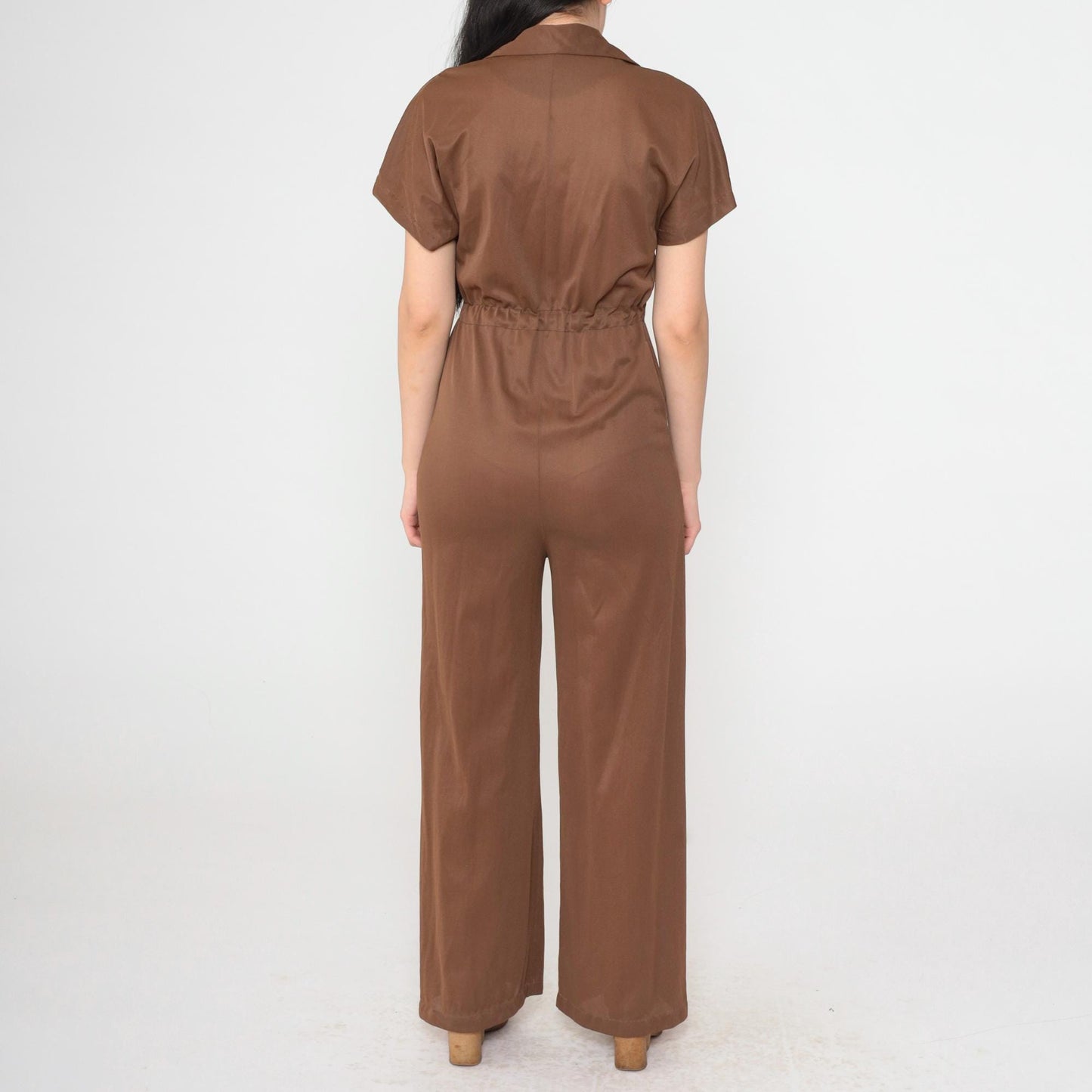 70s Brown Nylon Jumpsuit Wide Leg High Waist Zip Front Short Sleeve Extra Small