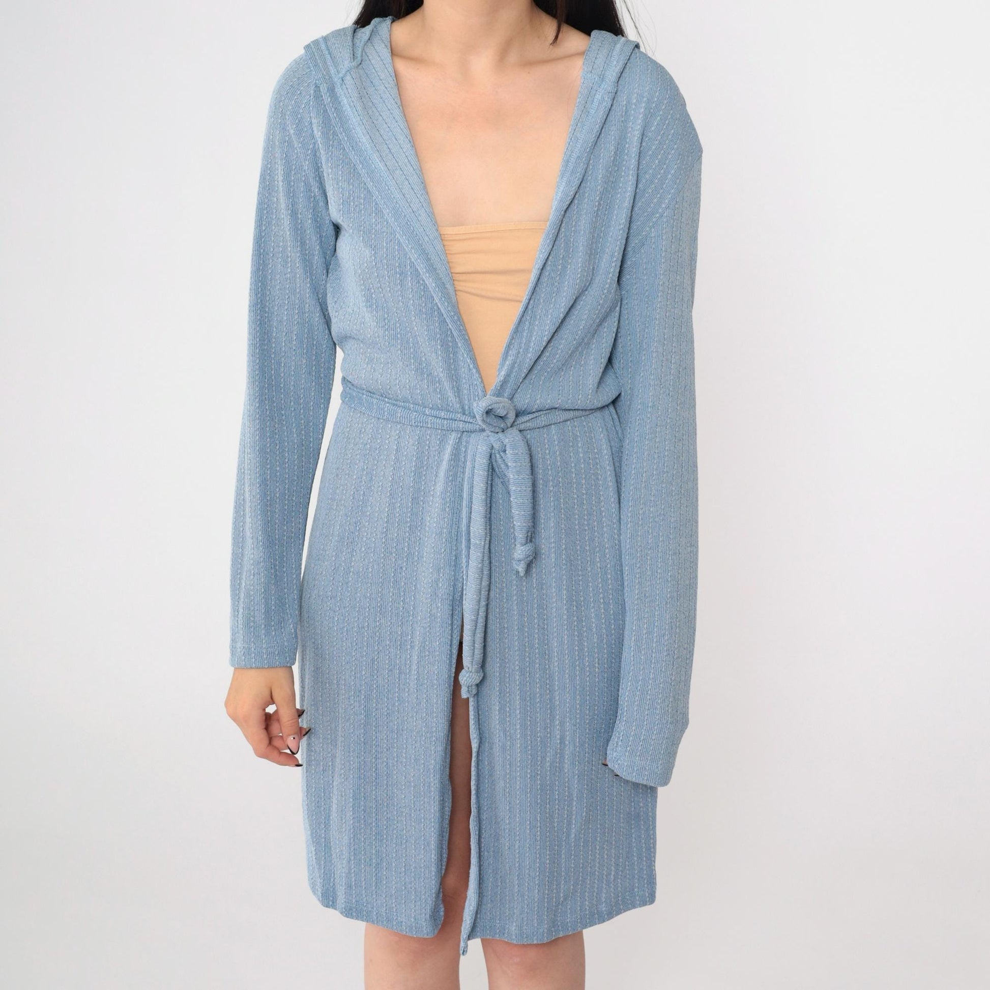 90s Blue Pinstriped Knit Hooded Jacket Tie Waist Open Front Knee Length Large