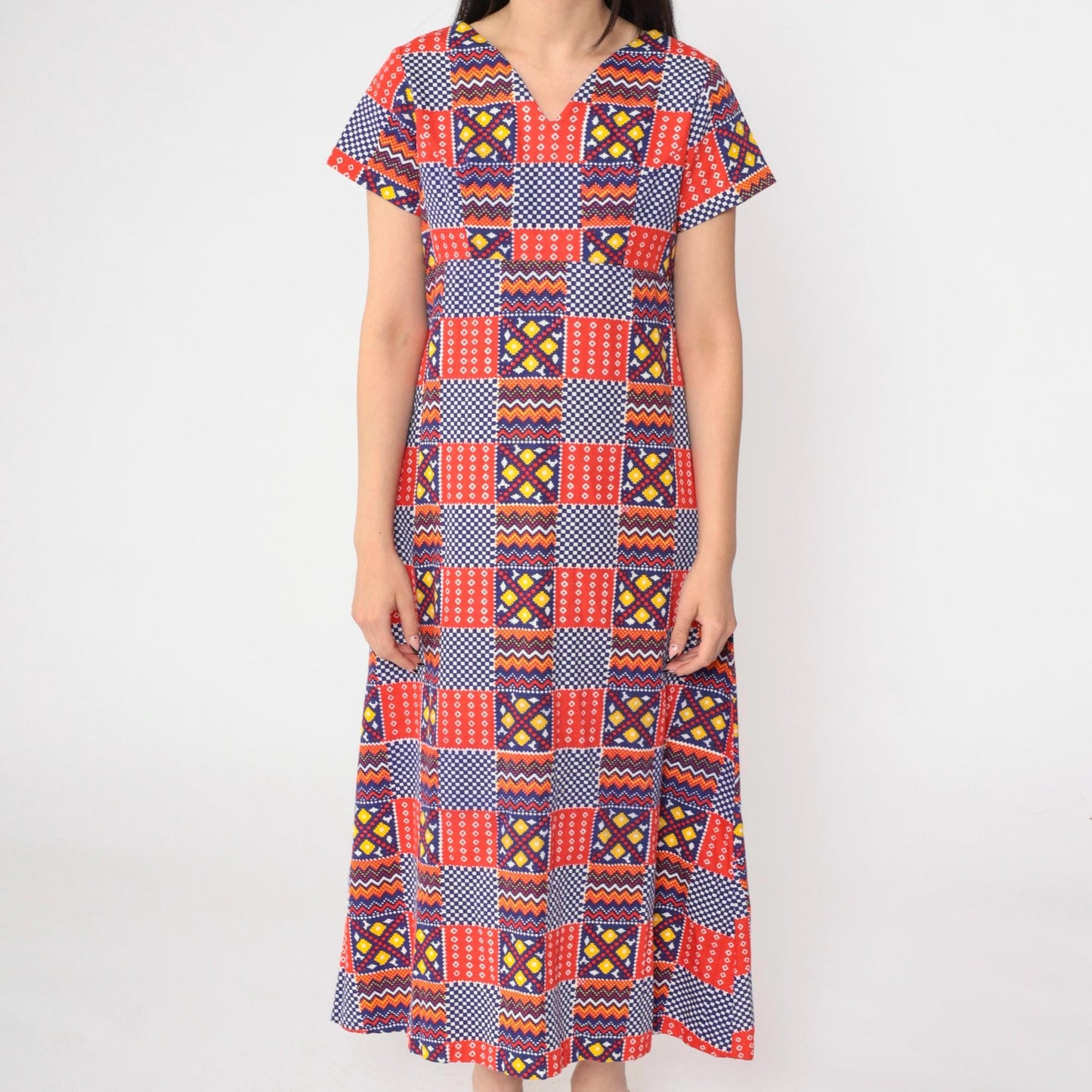 70s Patchwork Geometric Dress Empire Waist V-Neck Ankle Length Medium