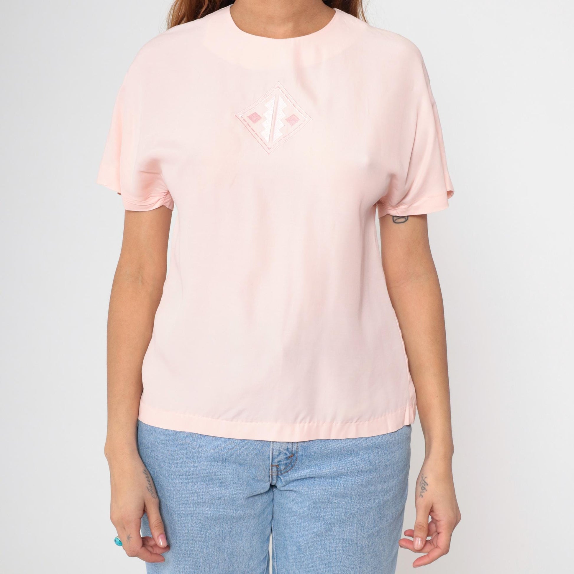 80s Nicole Blake Petites Blush Pink Embroidered Diamond Blouse Short Sleeve Small S