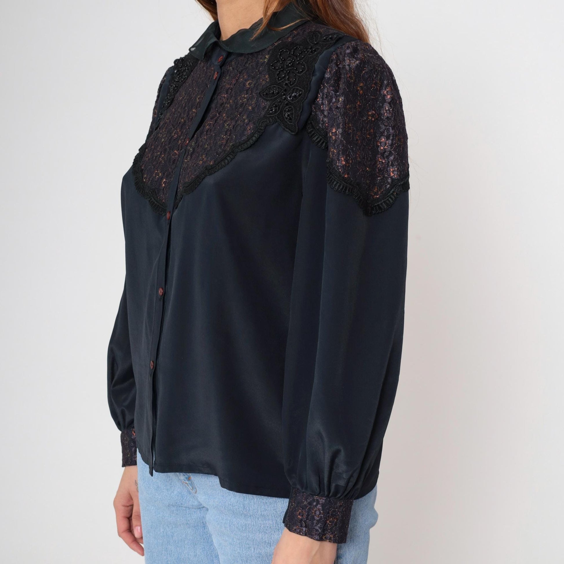 80s Black Satin Blouse Metallic Lace Yoke Beaded Sequin Puff Sleeve Medium