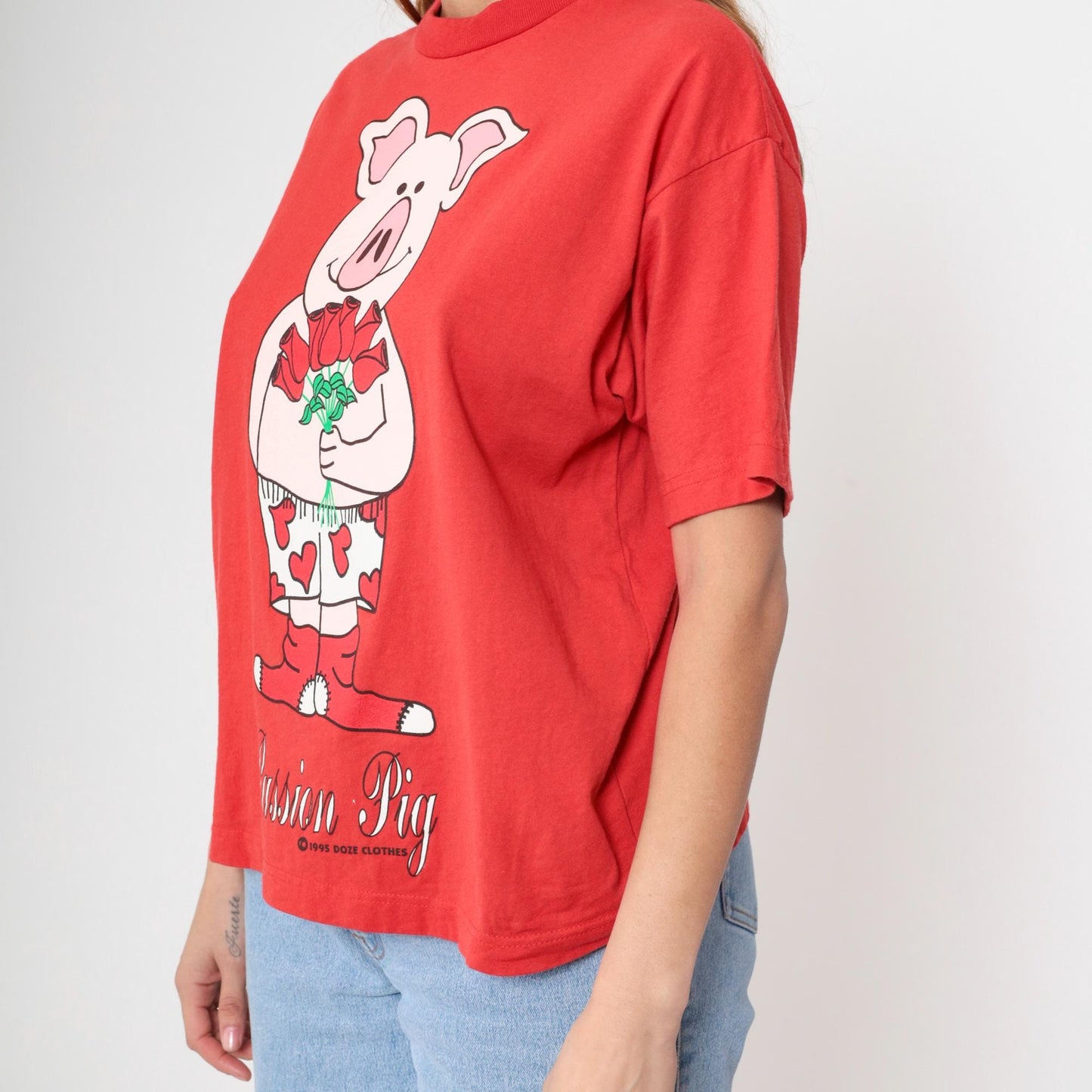 90s Doze Clothes Passion Pig Graphic T-Shirt Red Cotton Crewneck Small