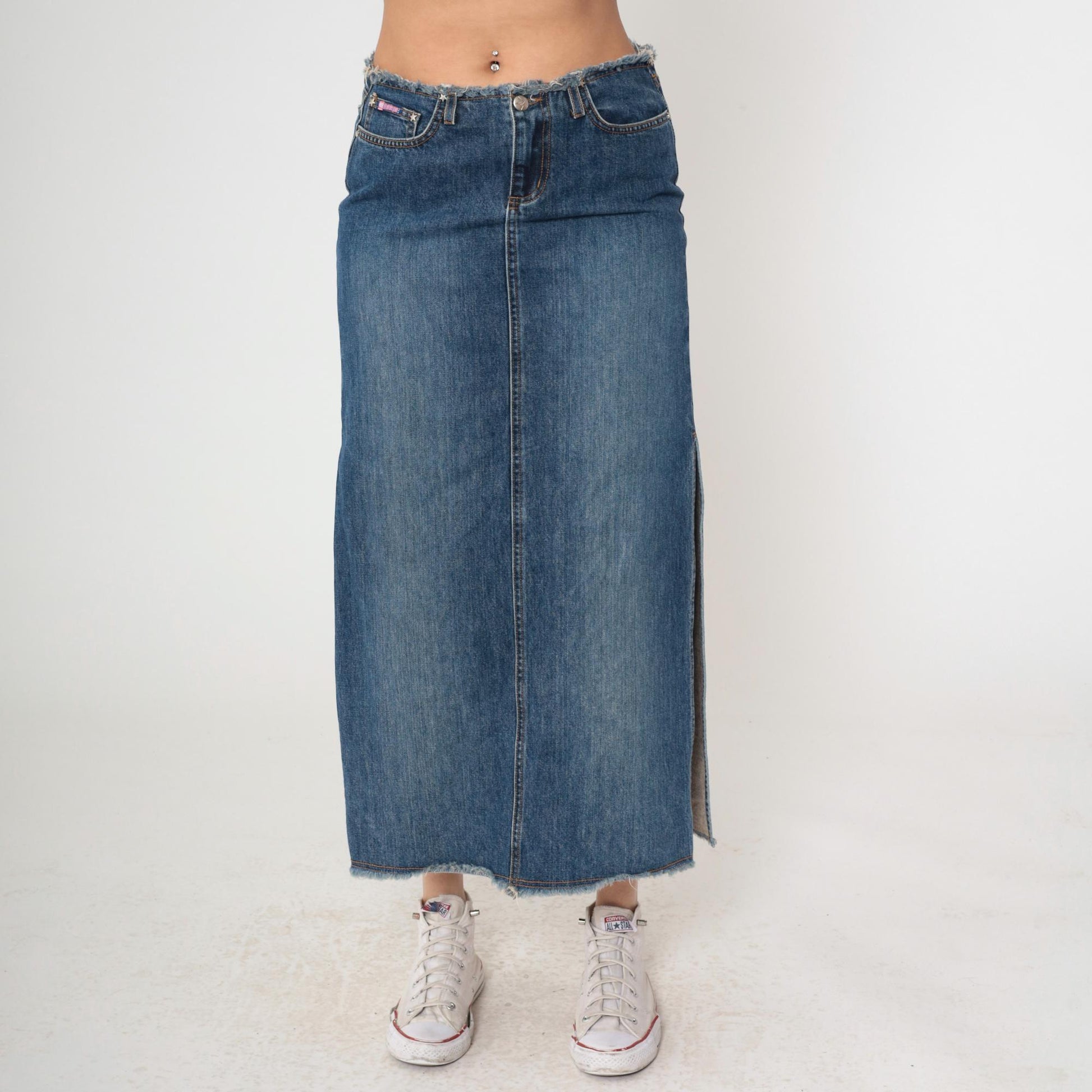 Y2K Faded Blue Denim Maxi Skirt Low Rise Side Slit Jean Skirt Small