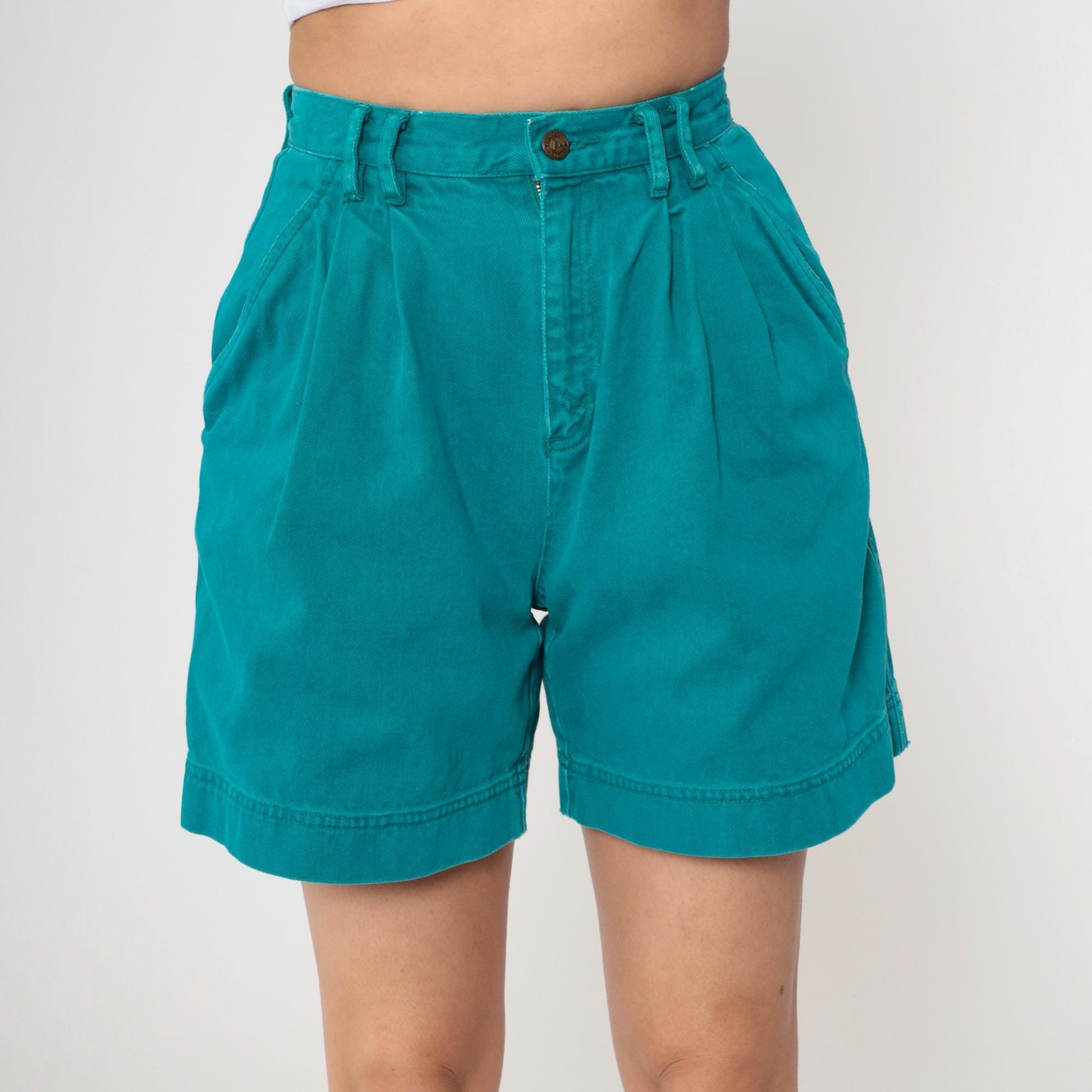 90s Lizwear Teal Denim Shorts High Waist Pleated Mom Shorts Extra Small XS