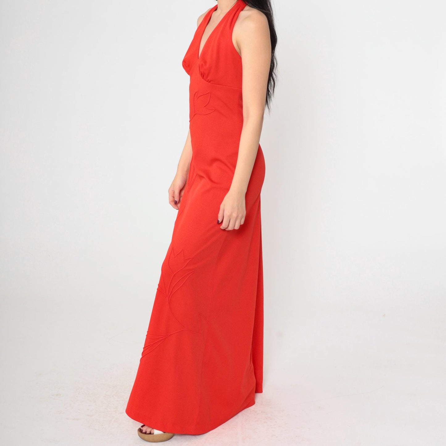 70s Red Halter Maxi Dress Deep V Neck Backless Empire Waist Small