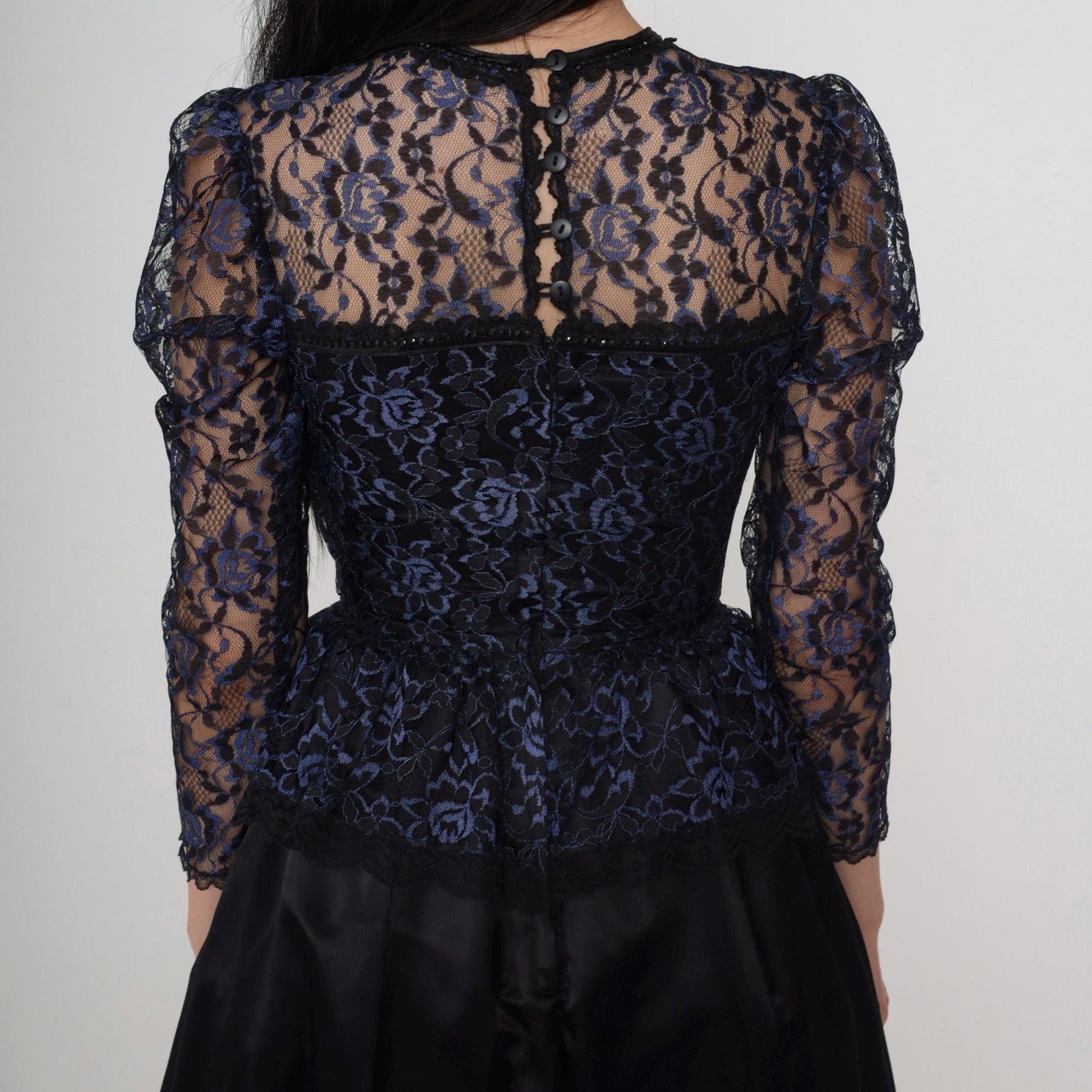80s Gunne Sax Black Lace Midi Dress Sweetheart Neckline Peplum Extra Small