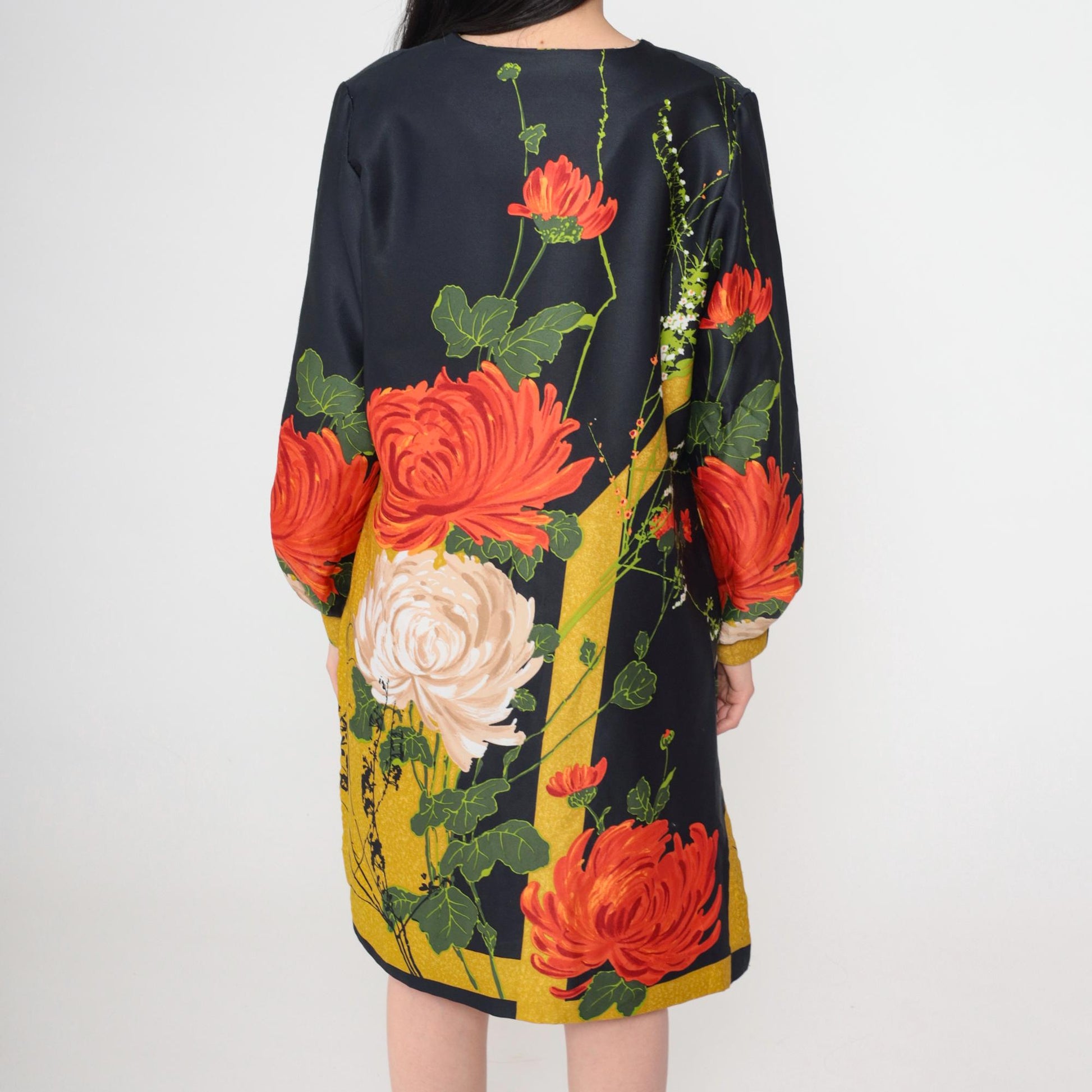 70s Geometric Floral Mini Dress Black Long Sleeve Front Zip High Slit Small