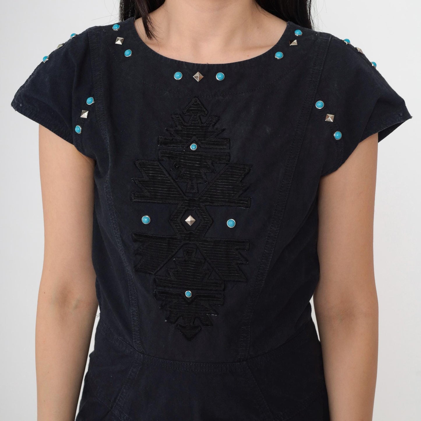 90s Black Southwestern Embroidered Dress Turquoise Studs Cap Sleeve V Back Small