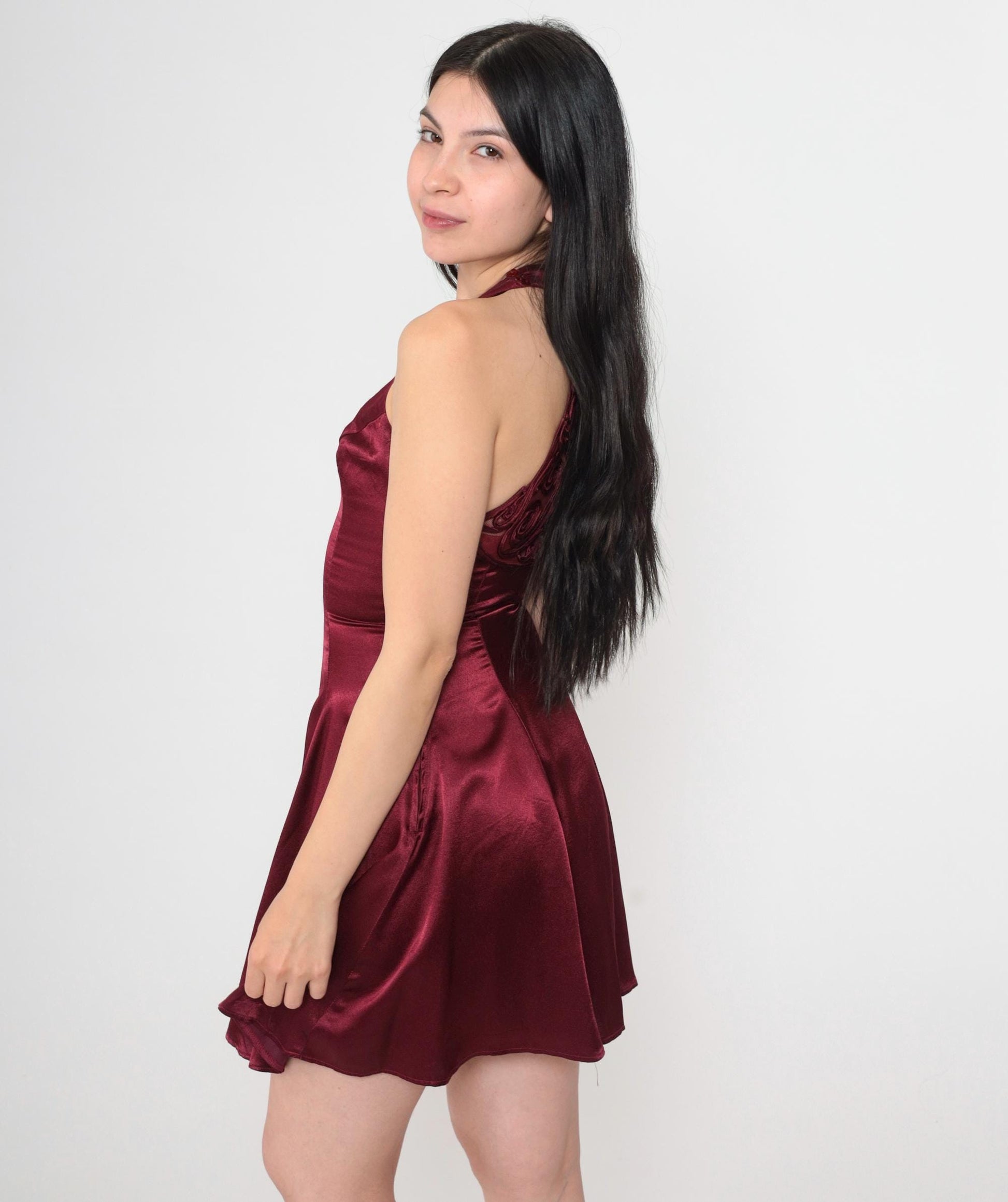 90s Jessica McClintock Gunne Sax Burgundy Satin Mini Halter Dress XS