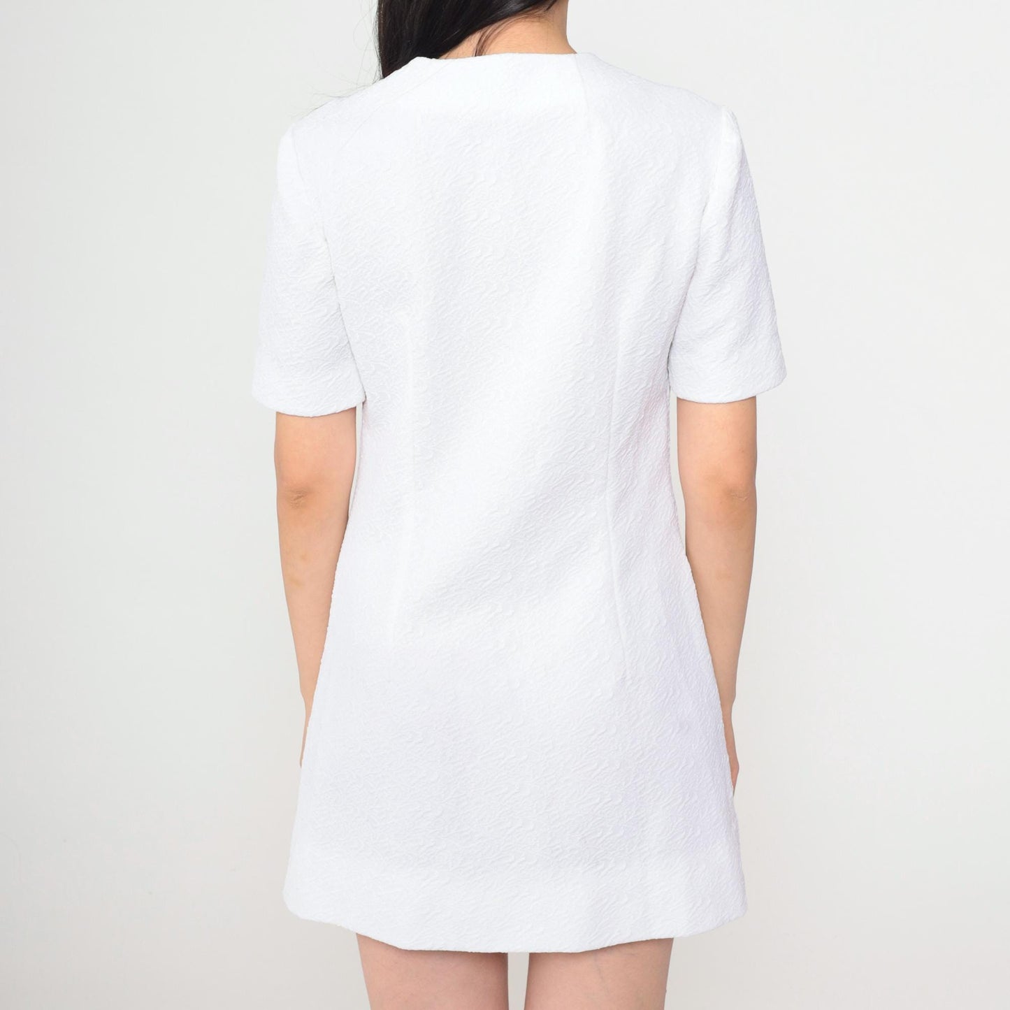60s White Mod Shift Dress Mini Button-Up Chest Pocket Short Sleeve Small