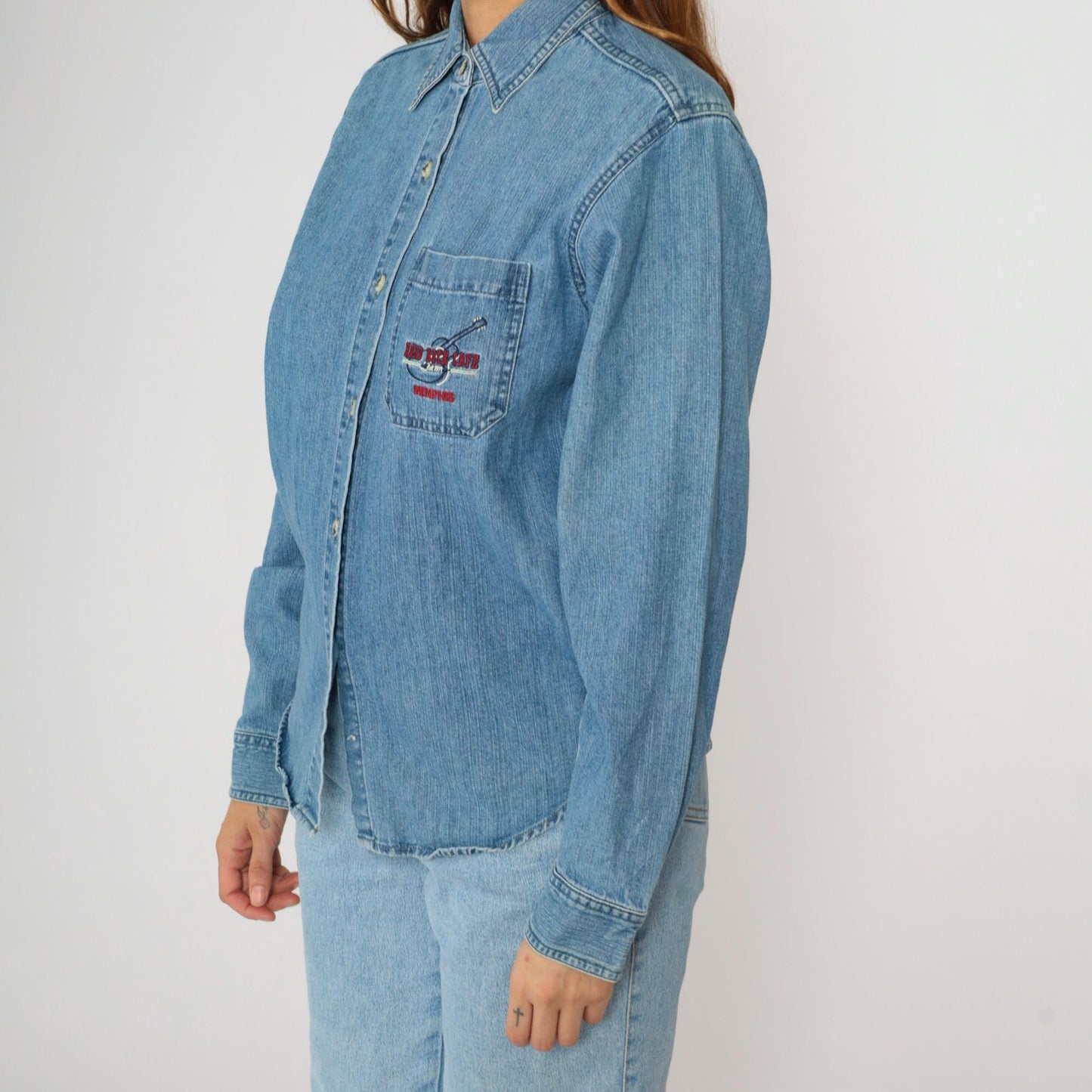 00s Hard Rock Cafe Memphis Denim Button-Up Shirt Blue Embroidered Medium M