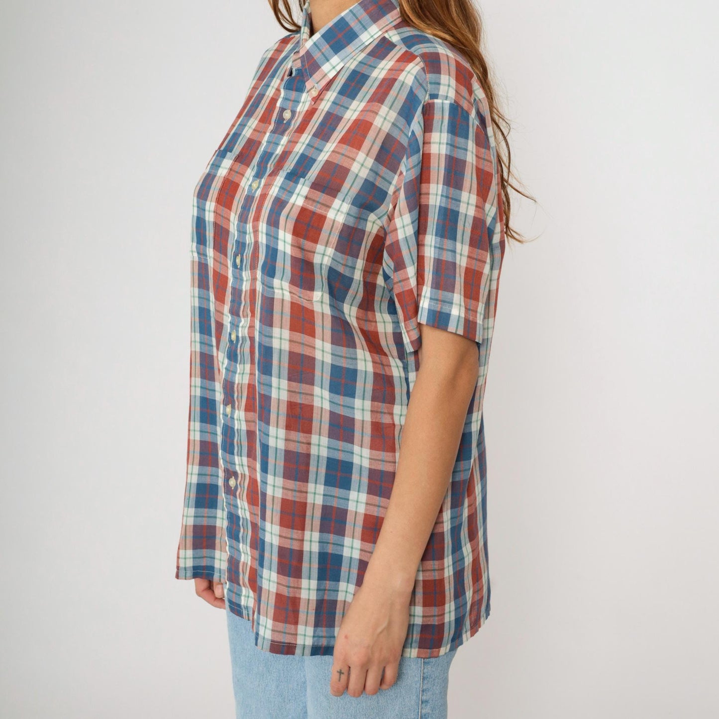 80s Towncraft Plaid Button-Up Shirt Rust White Blue Short Sleeve Large L