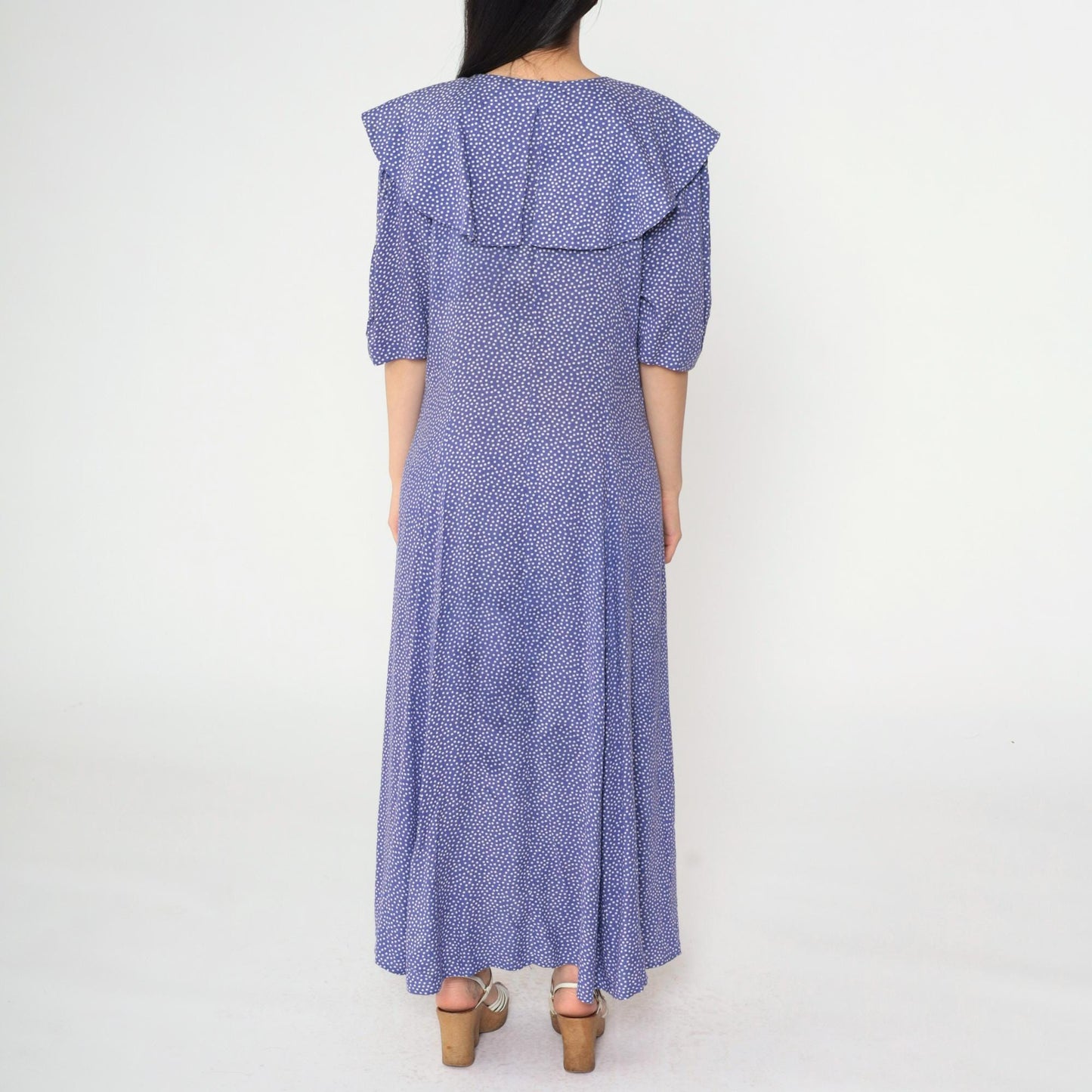 80s Purple Polka Dot Maxi Dress Sailor Collar Button-Up Rayon Large