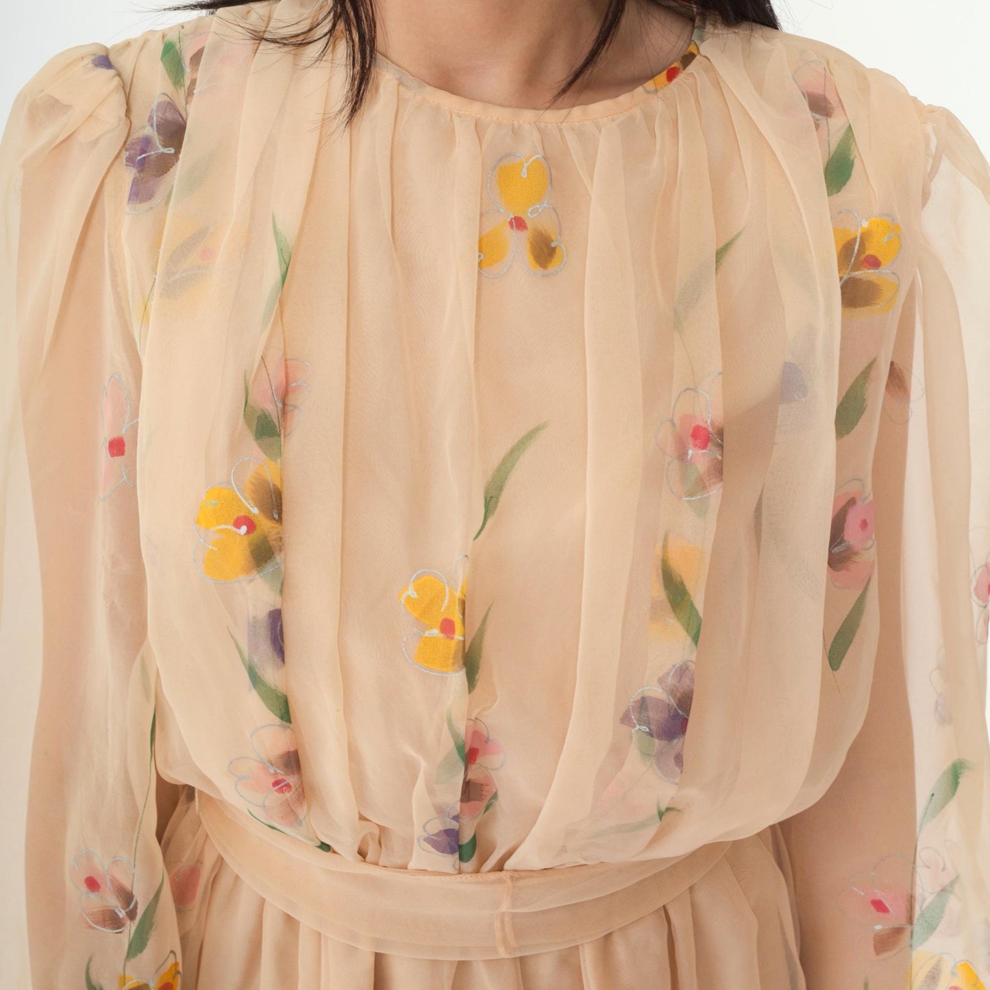 70s Peach Floral Chiffon Maxi Dress Puff Sleeve High Waist Small
