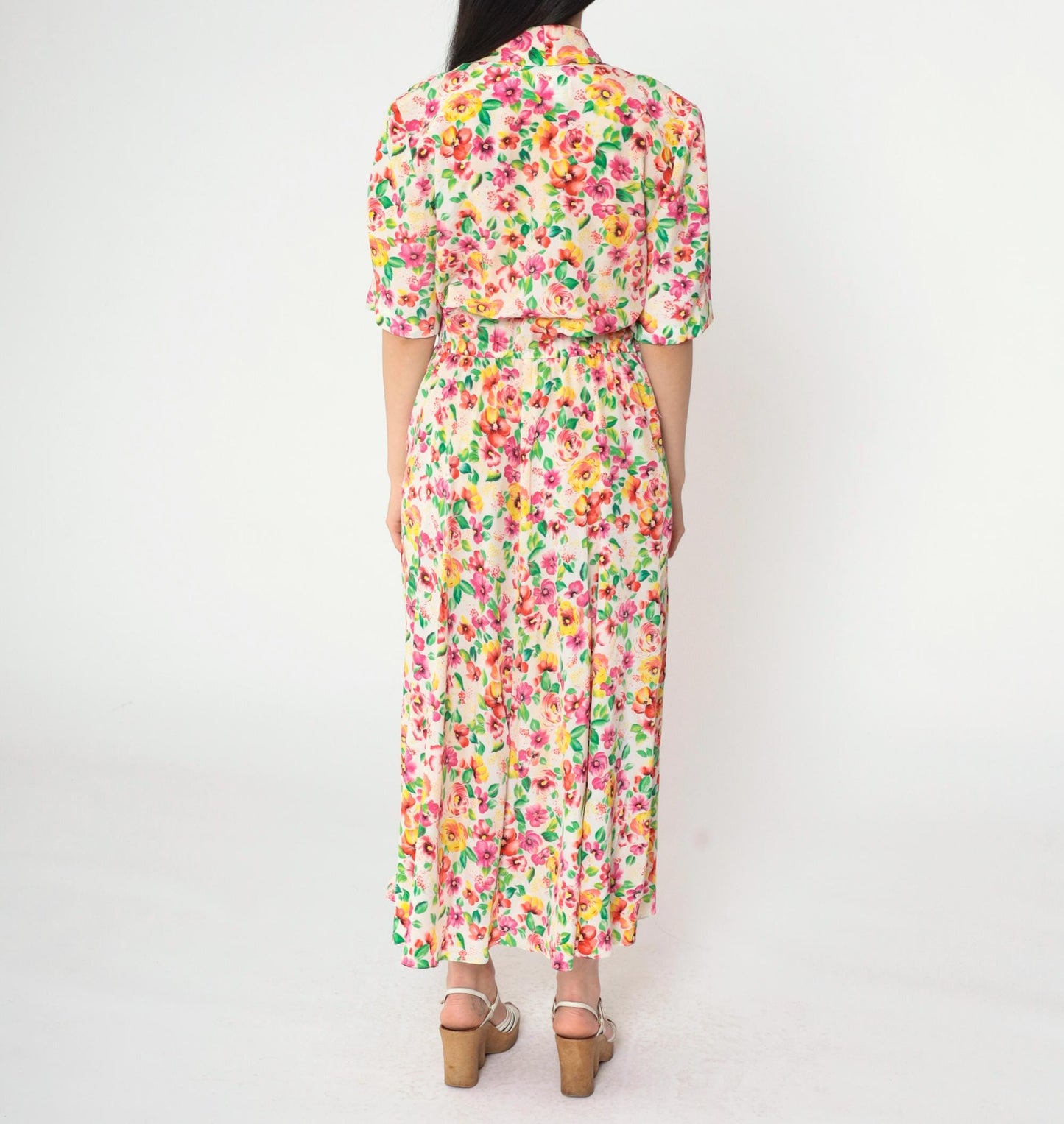 80s Liz Roberts Floral Wrap Dress Midi Pink Yellow White V-Neck Medium 8