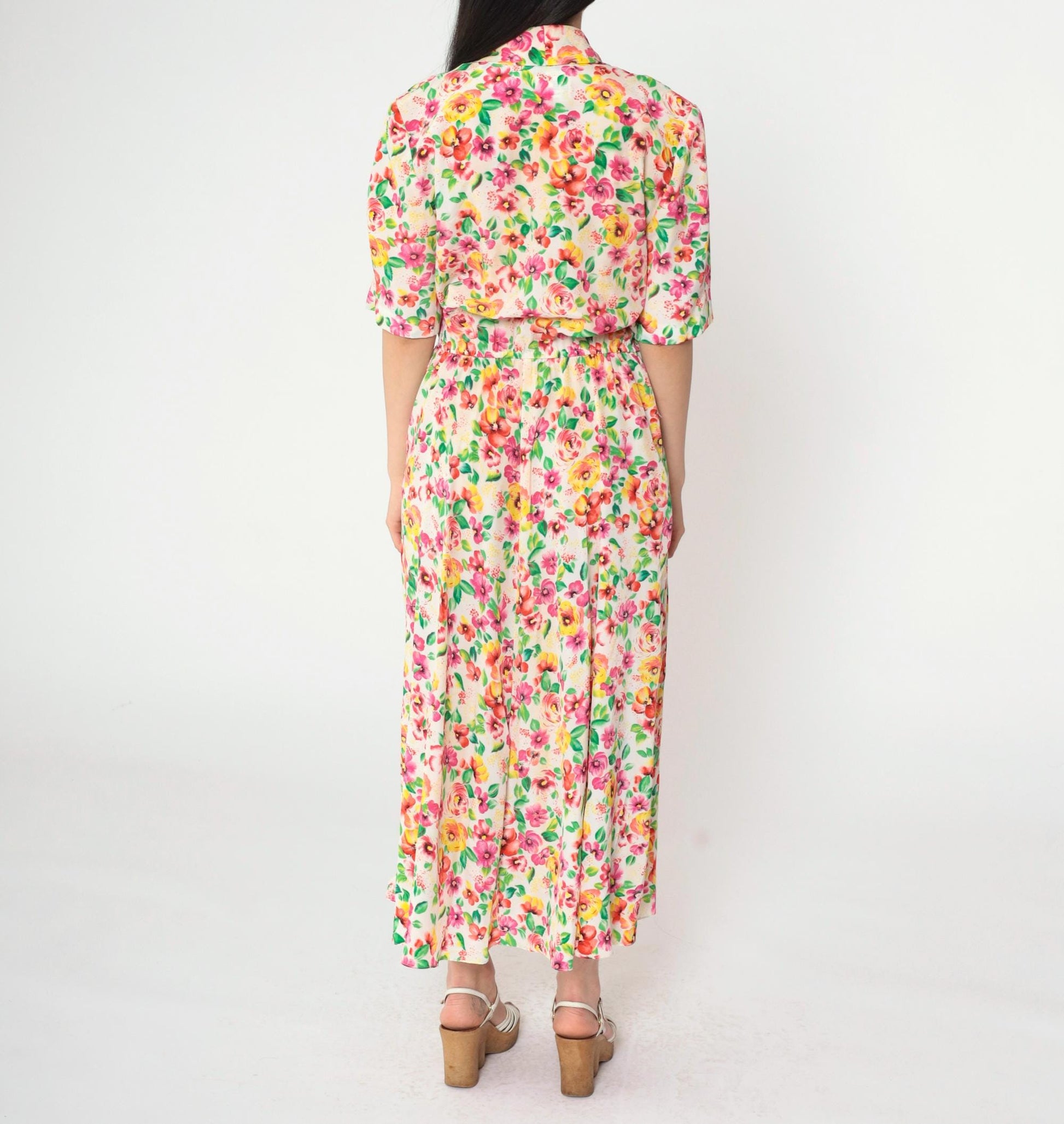 80s Liz Roberts Floral Wrap Dress Midi Pink Yellow White V-Neck Medium 8