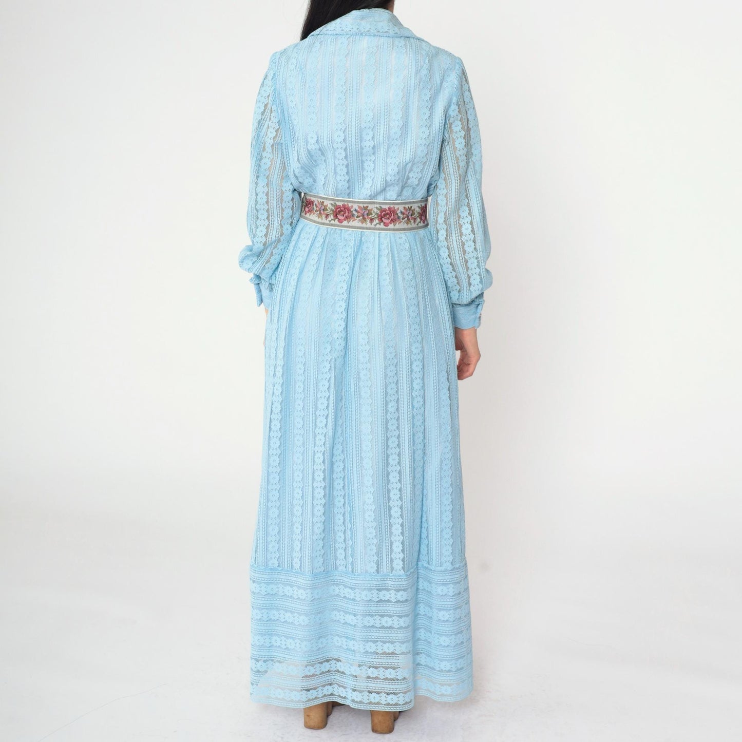 70s Baby Blue Crochet Lace Maxi Dress Pearl Buttons High Waist Small