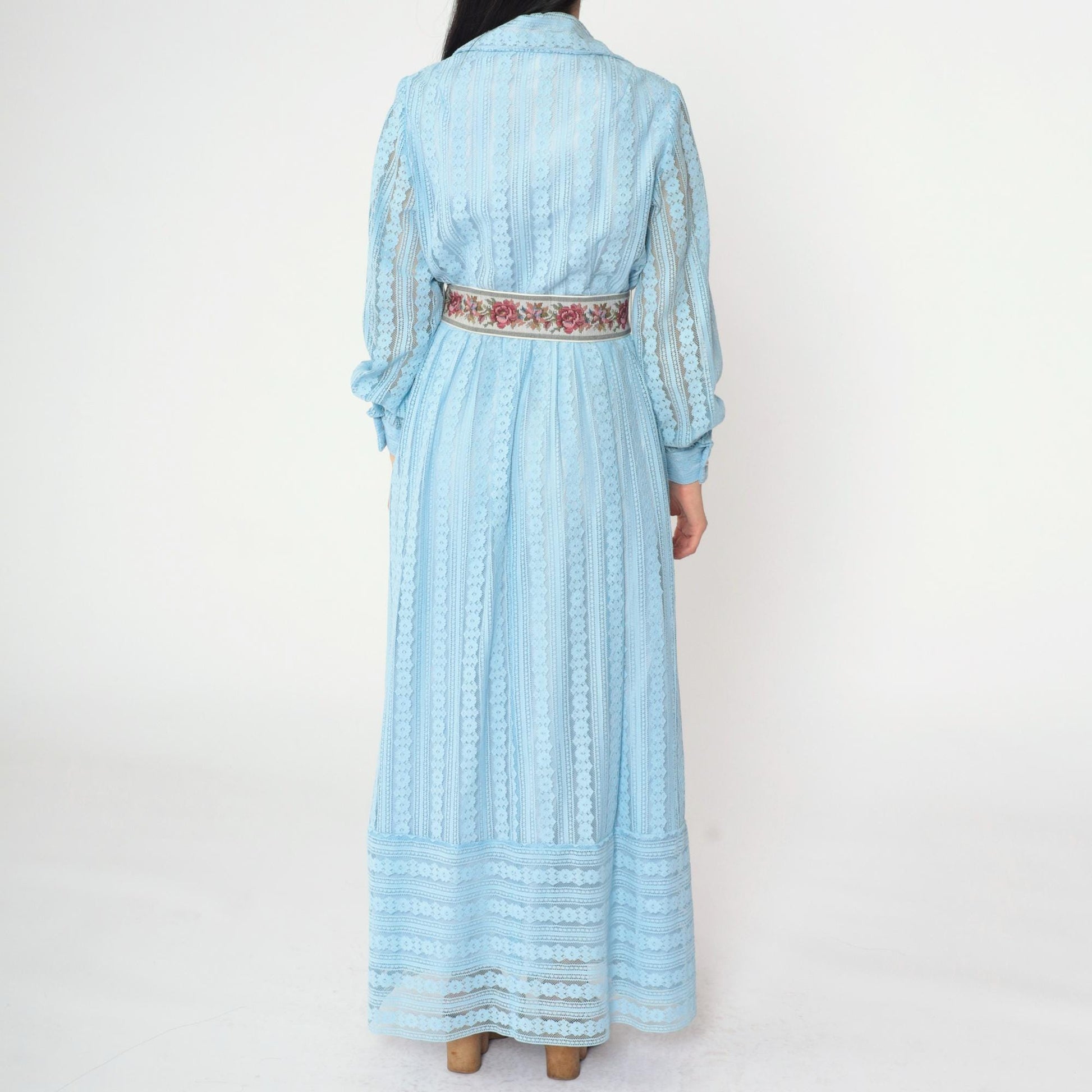 70s Baby Blue Crochet Lace Maxi Dress Pearl Buttons High Waist Small