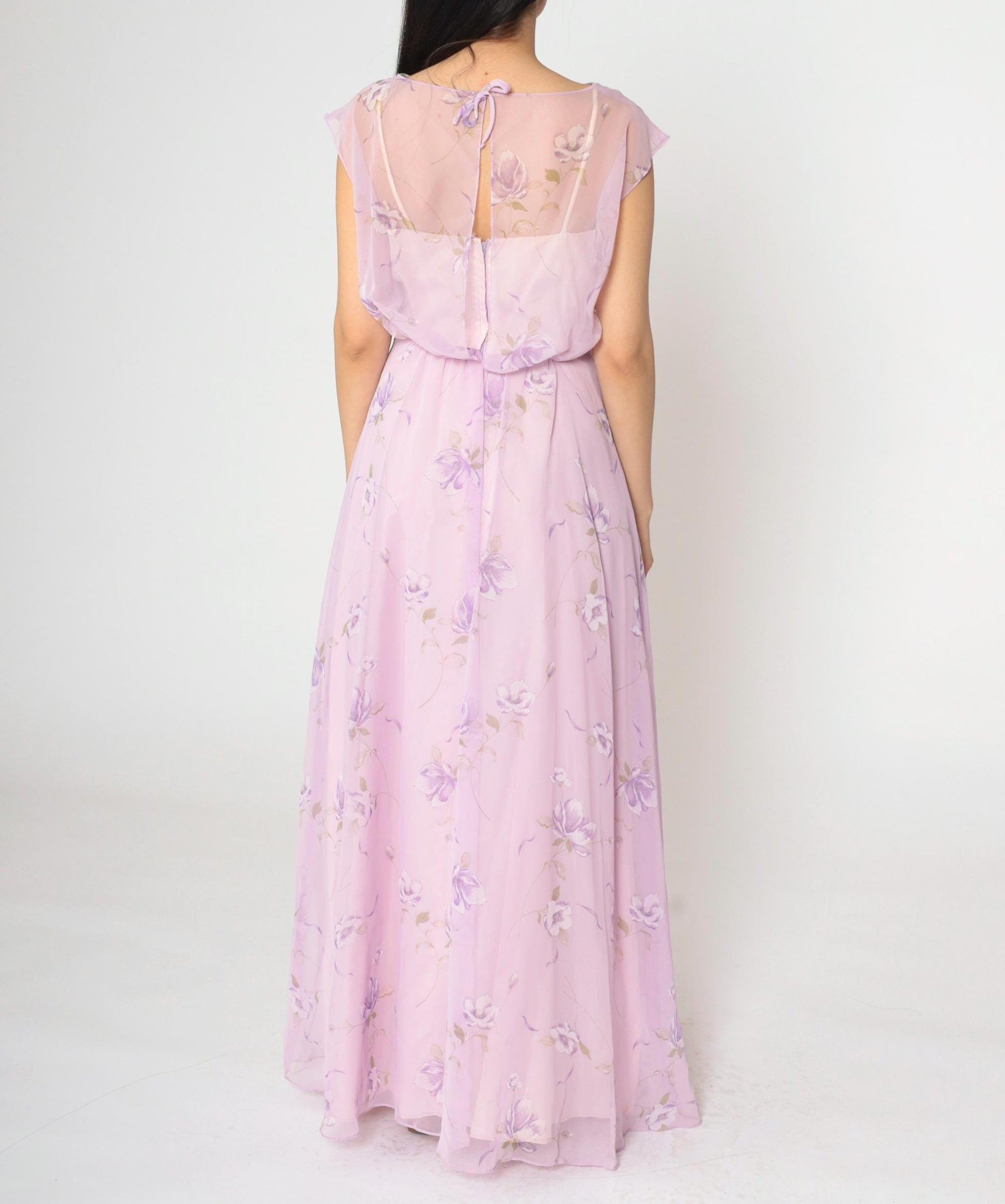 70s Lavender Floral Chiffon Maxi Dress High Waist Asymmetrical Small