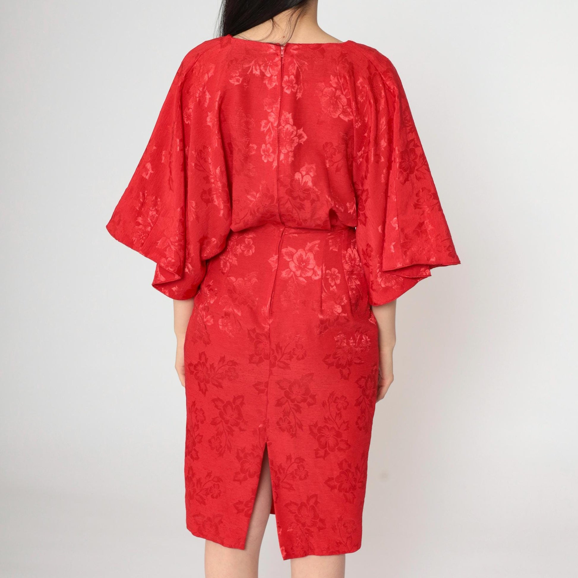 80s Red Jacquard Dress Kimono Sleeve V-Neck Sheath Knee-Length Extra Small