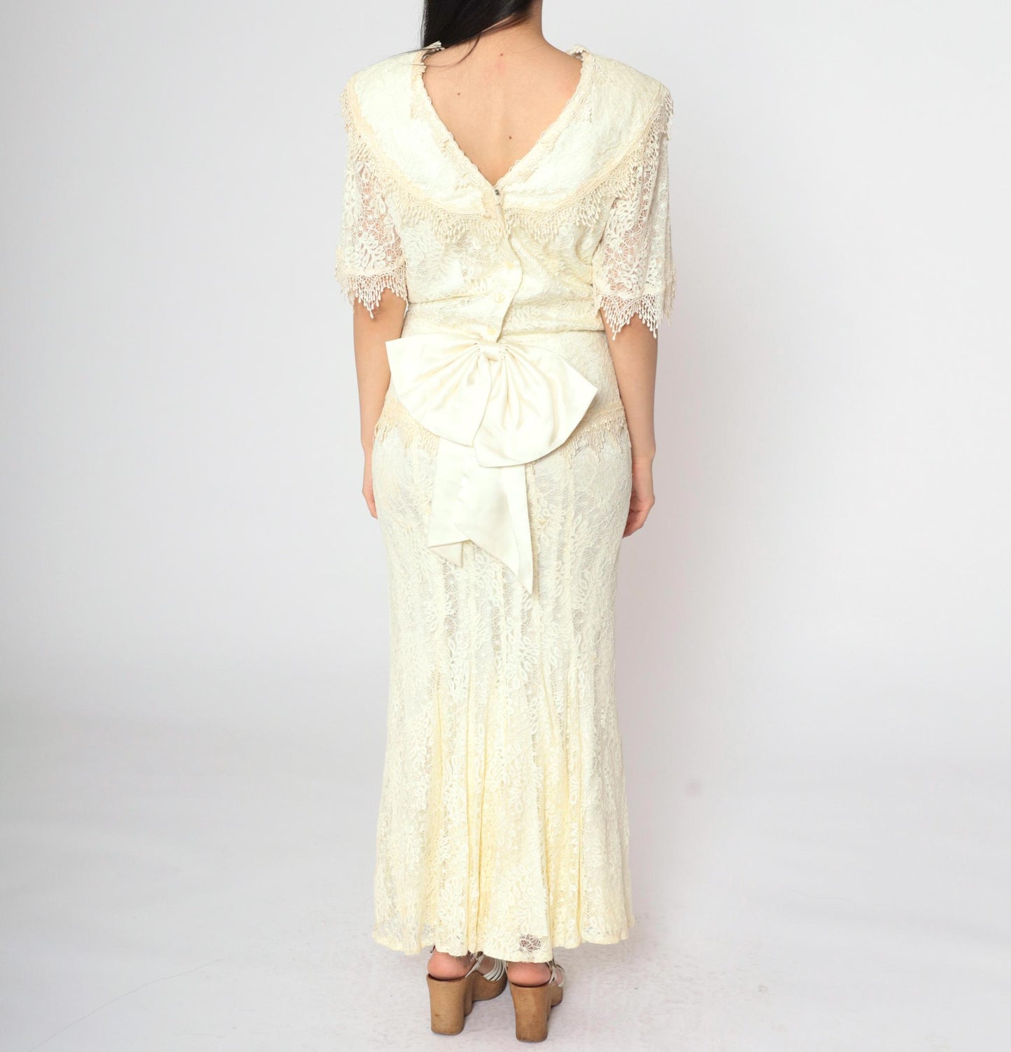 80s Jessica McClintock Ivory Lace Maxi Gown Bow Back Short Sleeve Small