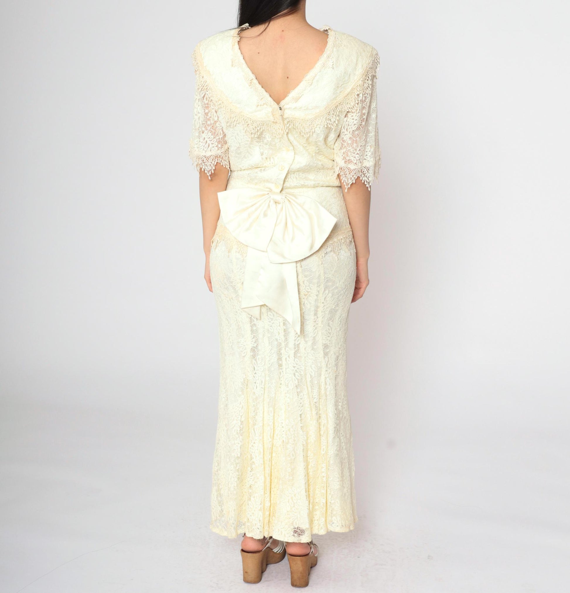 80s Jessica McClintock Ivory Lace Maxi Gown Bow Back Short Sleeve Small