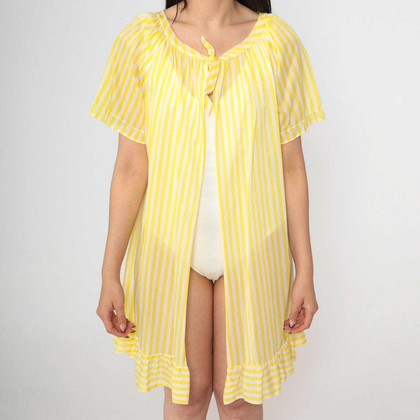 70s Yellow White Striped Nylon Lingerie Robe Open Front Mini Large L