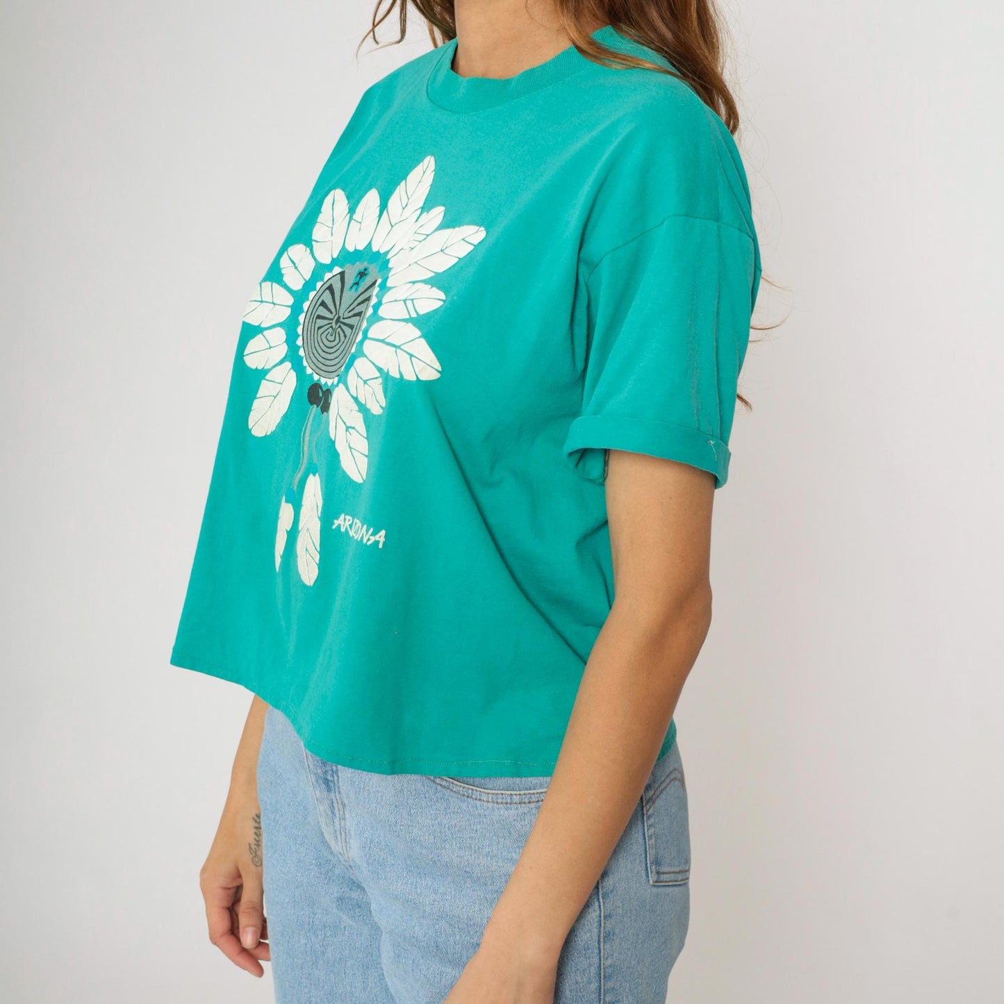 90s Arizona Turquoise Southwest Graphic Cropped T-Shirt Native American Maze Large