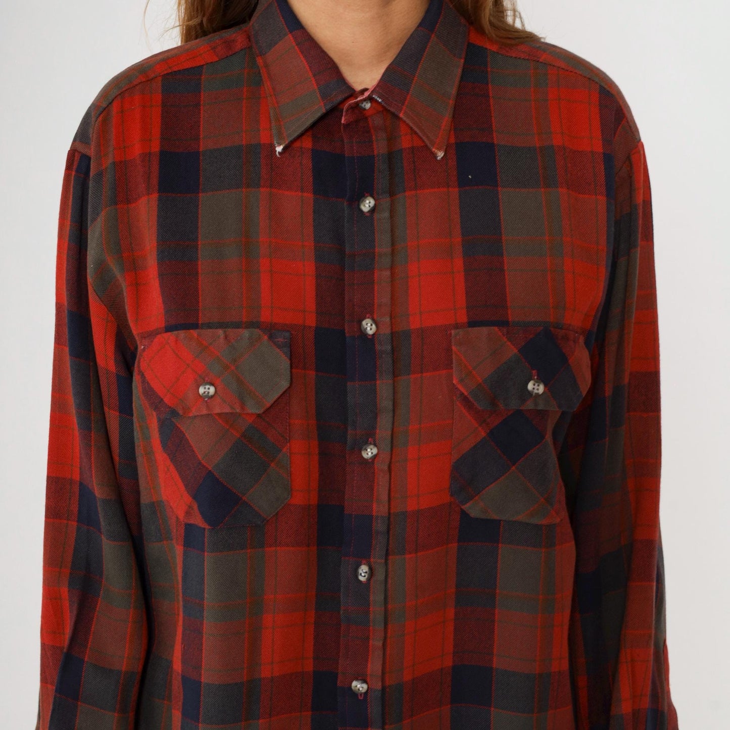 80s Northwest Territory Plaid Button Up Shirt Red Navy Acrylic Men's Large
