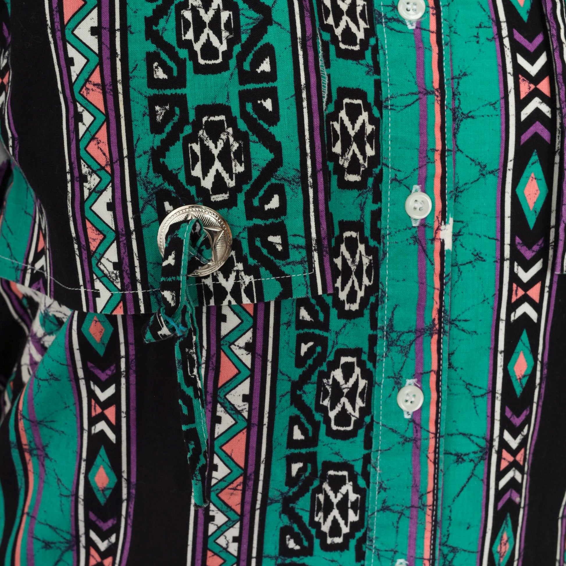 90s Frontier Series Western Shirt Green Purple Aztec Print Snap Button Small