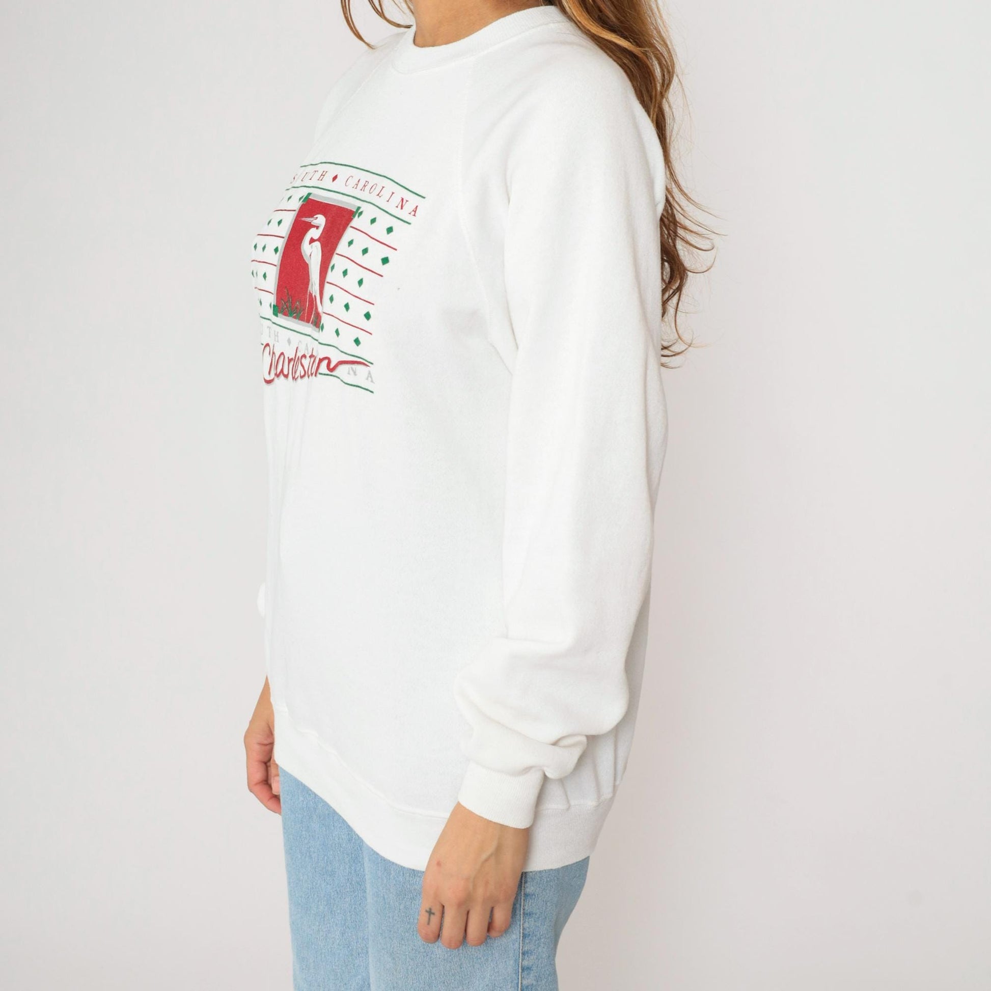 90s Charleston South Carolina Egret Graphic Sweatshirt White Raglan Medium