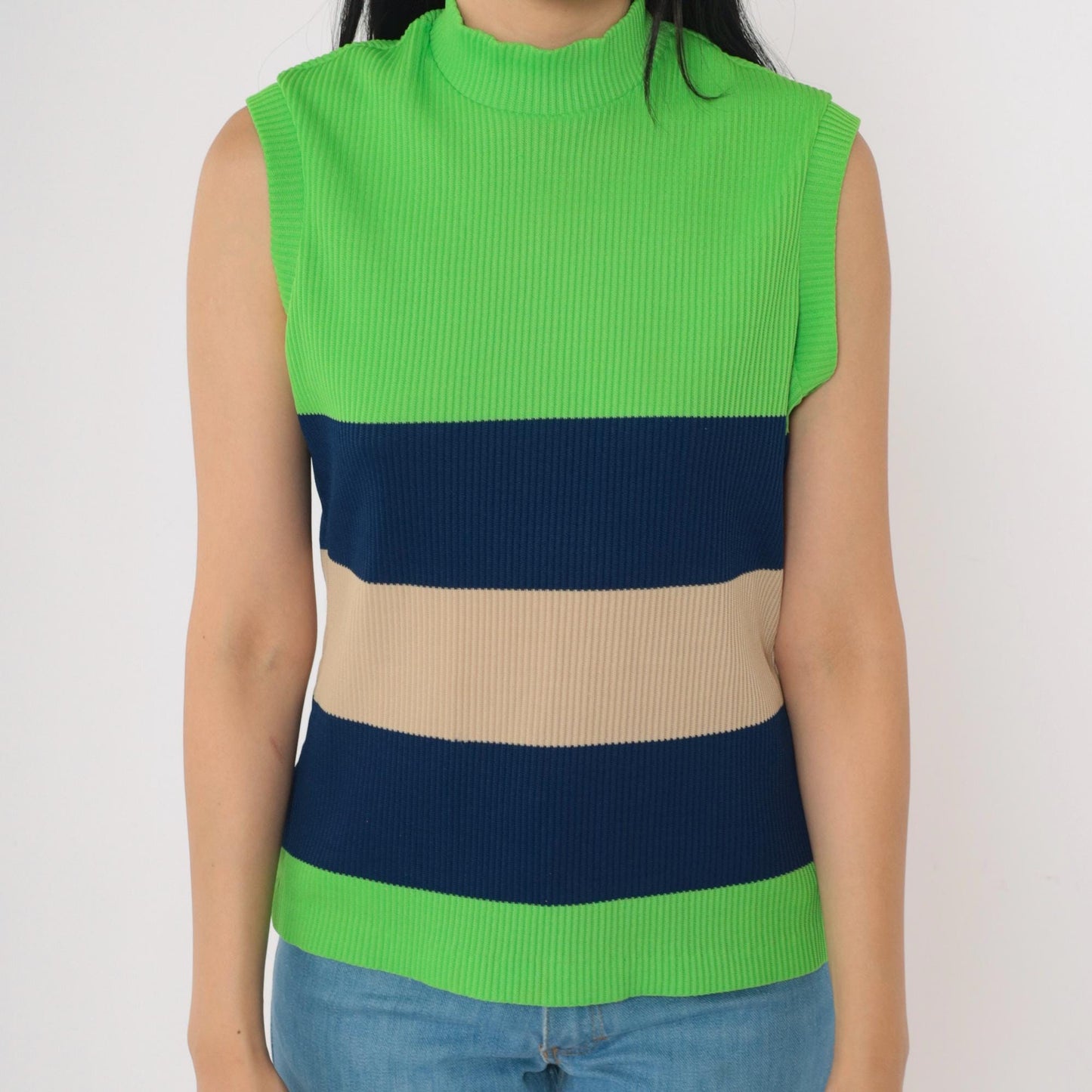 70s Fire Islander Tank Top Lime Green Navy Tan Striped Mock Neck Medium Large