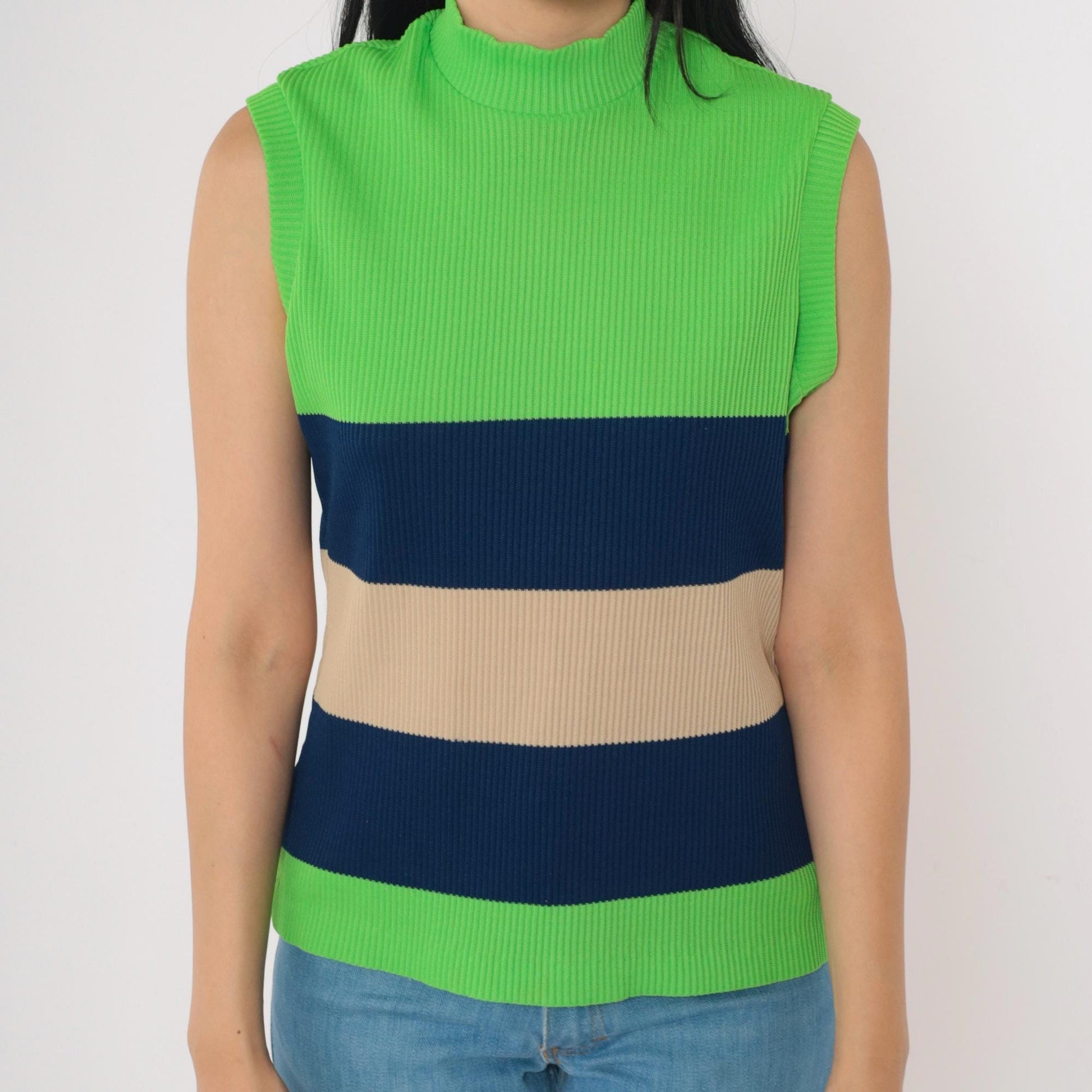 70s Fire Islander Tank Top Lime Green Navy Tan Striped Mock Neck Medium Large