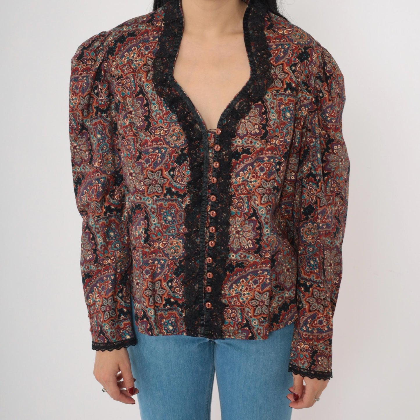 80s Paisley Button Up Blouse Puff Sleeve Lace Trim Purple Large