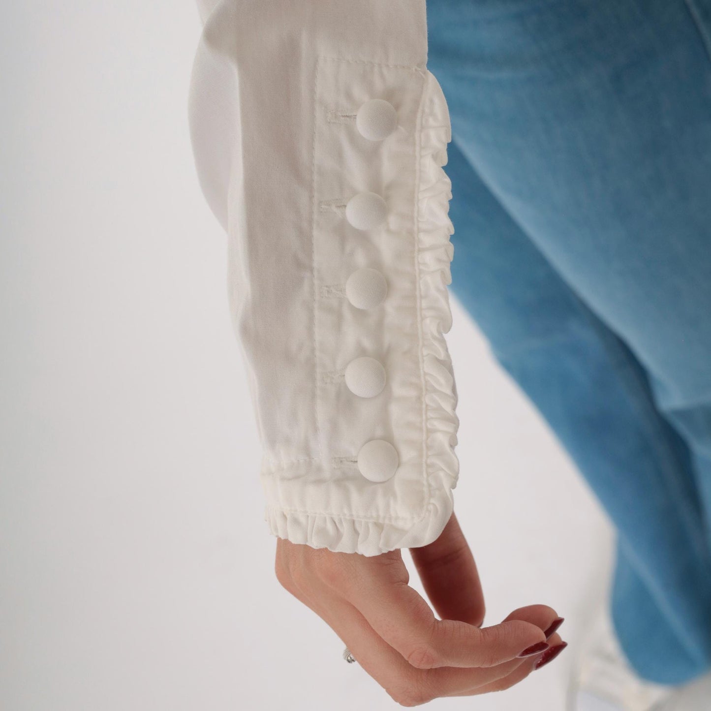 Y2K DKNY White Cotton Ruffle Blouse High Neck Button Up Small 6