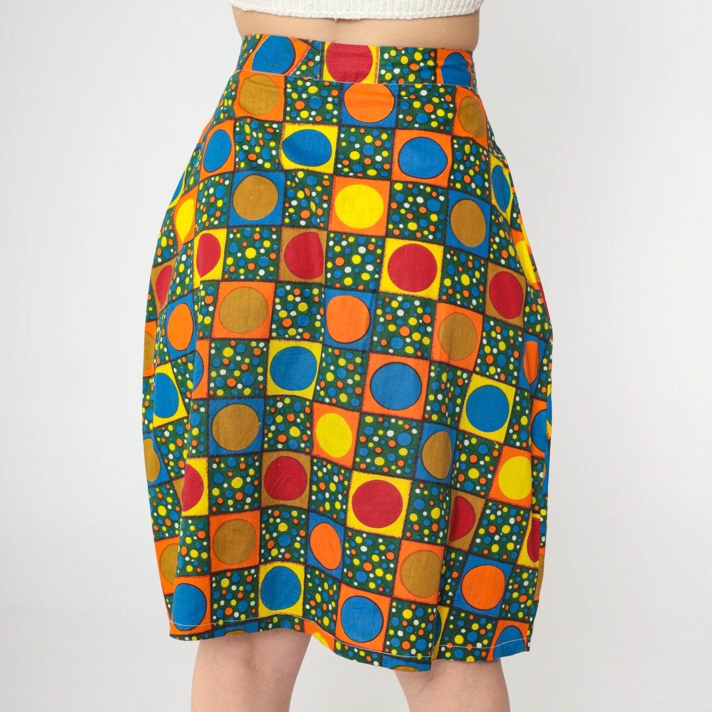 70s Polka Dot High-Waisted Skirt Knee Length Button Front Small