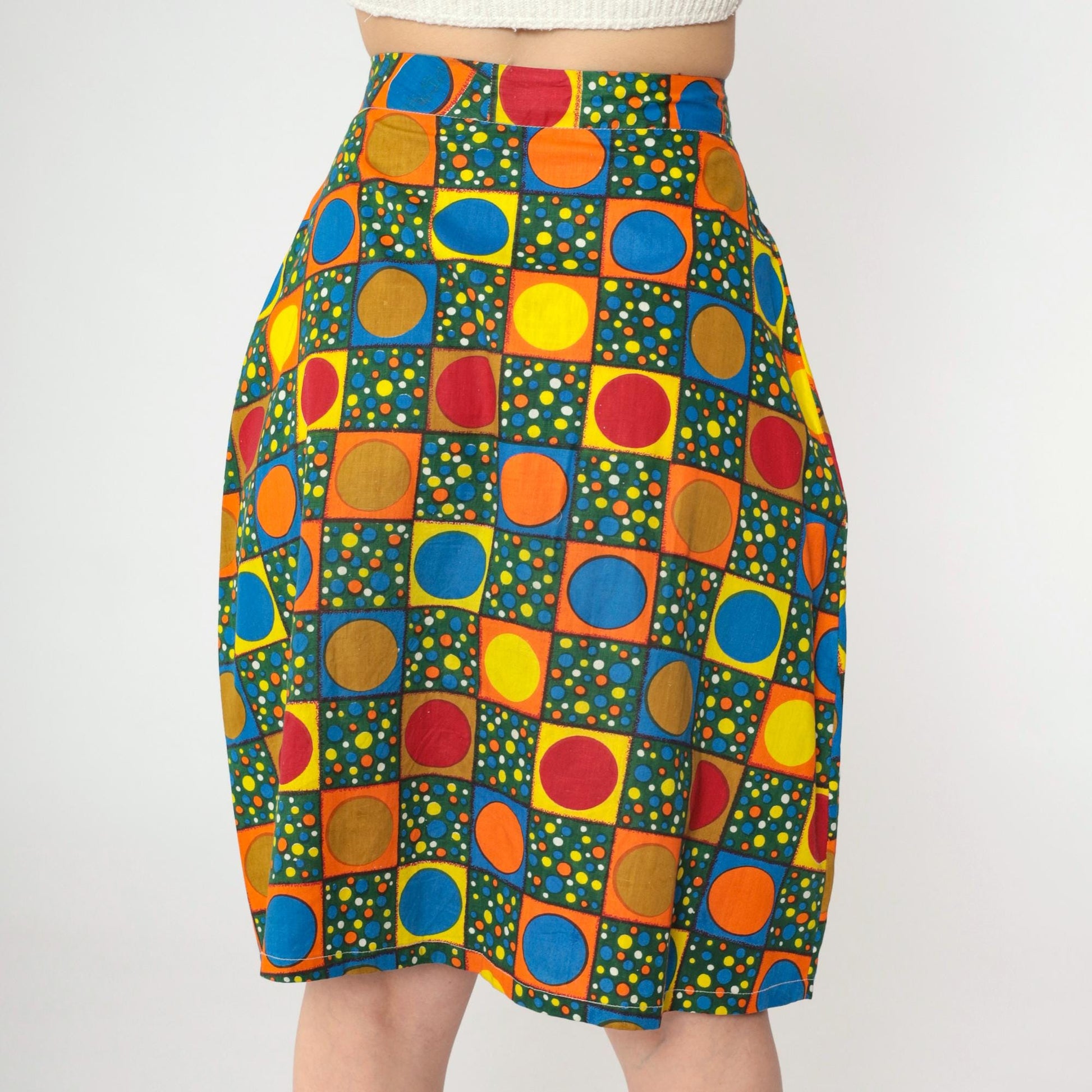 70s Polka Dot High-Waisted Skirt Knee Length Button Front Small