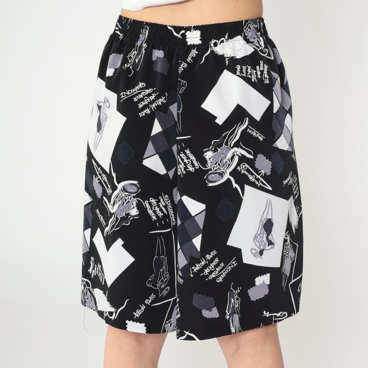90s Black White Abstract Graphic Shorts Elastic Waist Baggy Medium Large