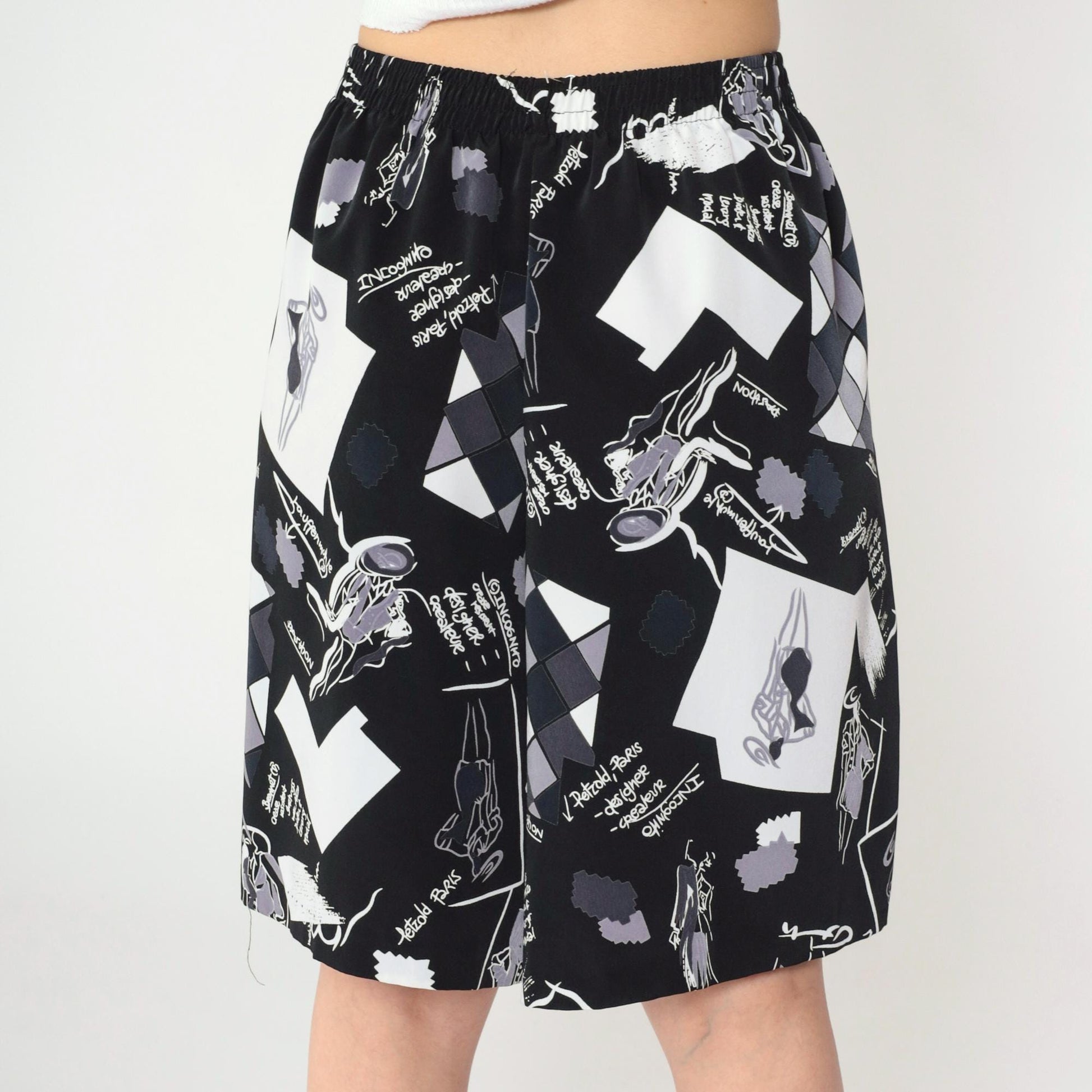 90s Black White Abstract Graphic Shorts Elastic Waist Baggy Medium Large