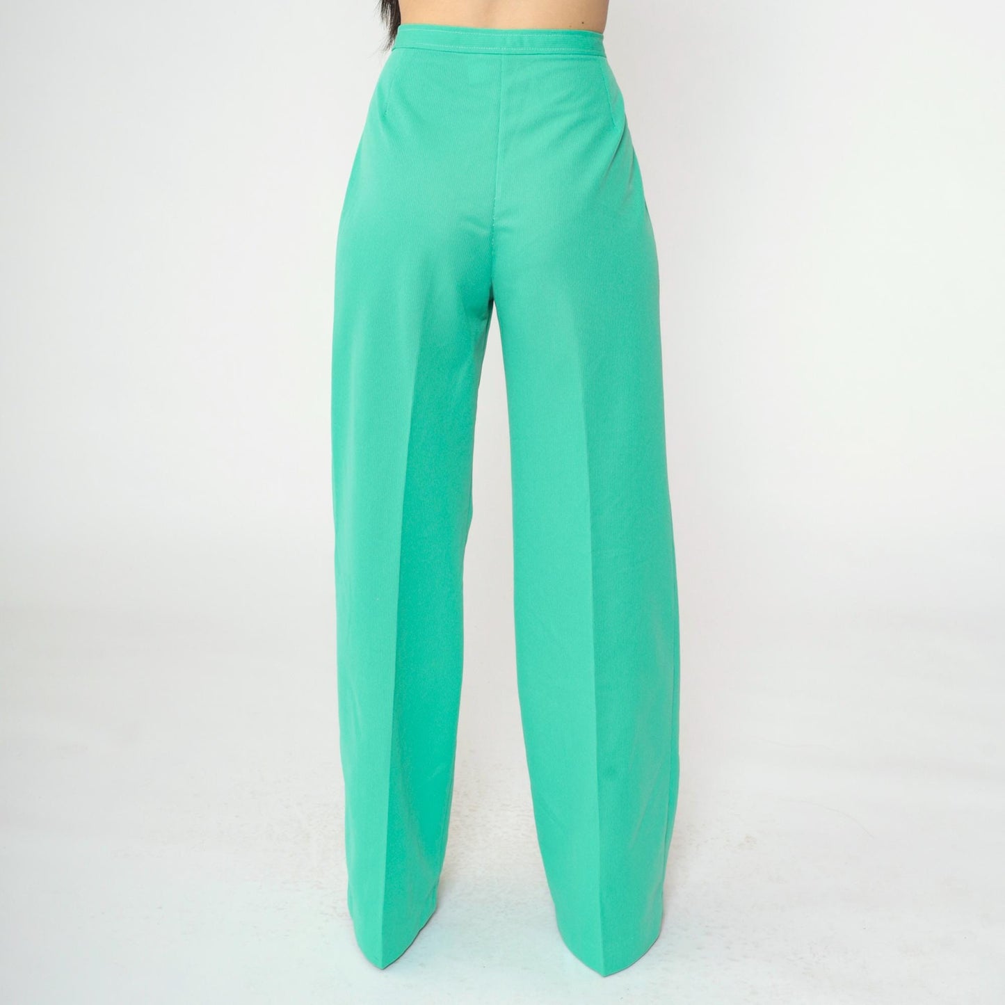 70s Green Polyester High-Waist Wide-Leg Flared Trousers Small