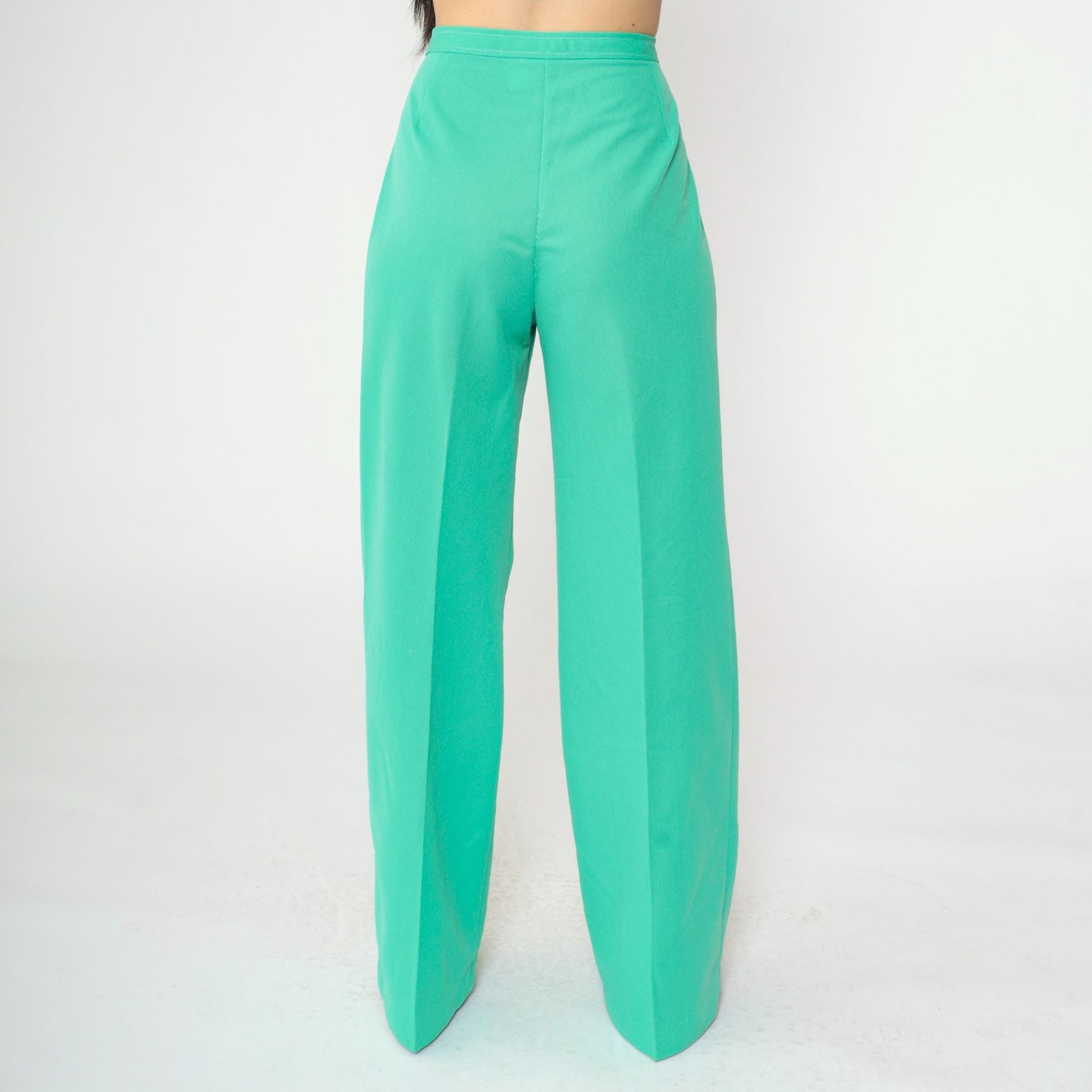 70s Green Polyester High-Waist Wide-Leg Flared Trousers Small