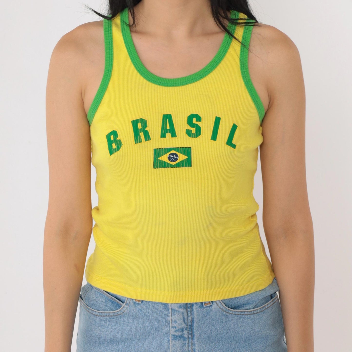 00s Brasil Tank Top Yellow Ringer Graphic Cotton Fitted Small S