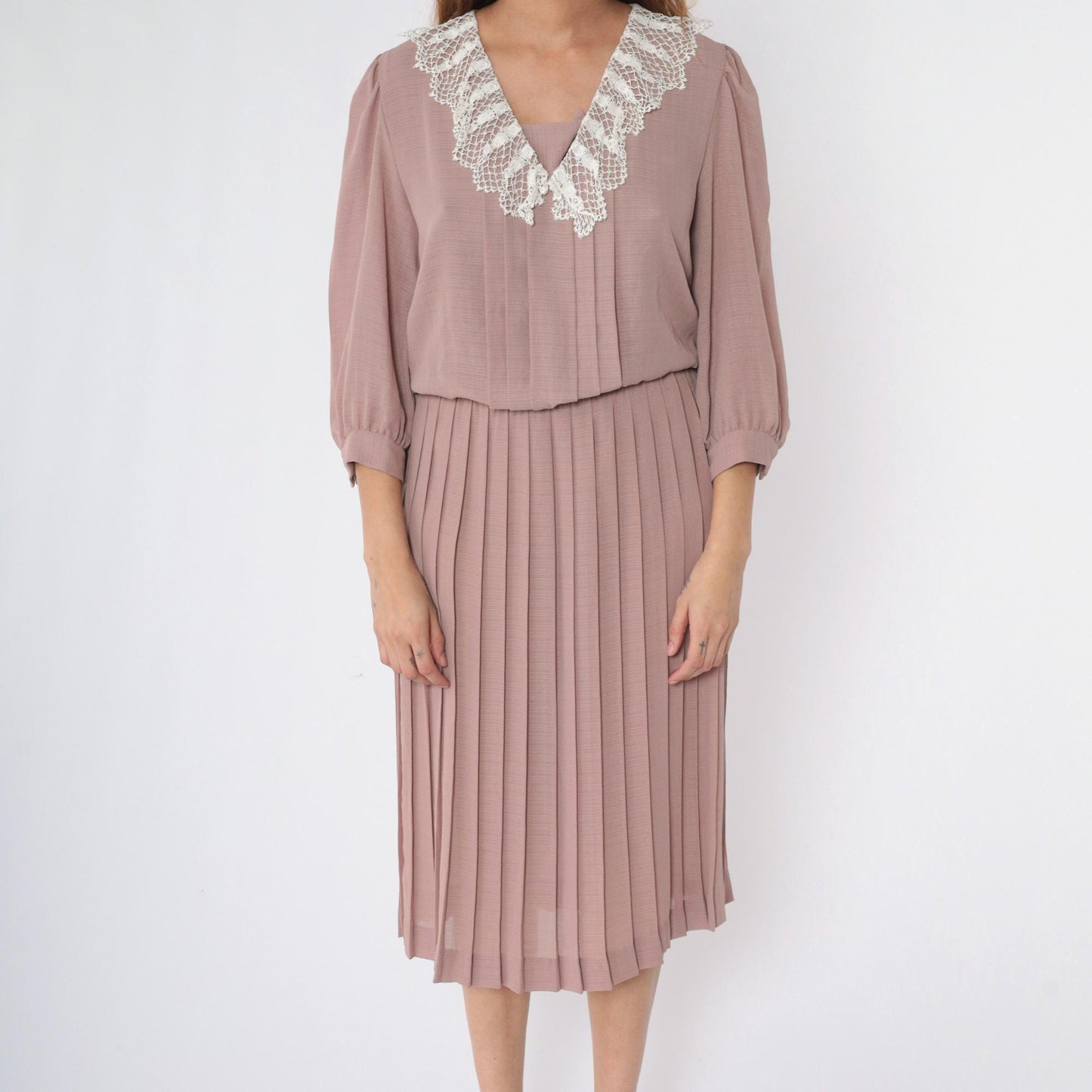 80s Mauve Pleated Midi Dress Lace Collar Long Sleeve Medium M