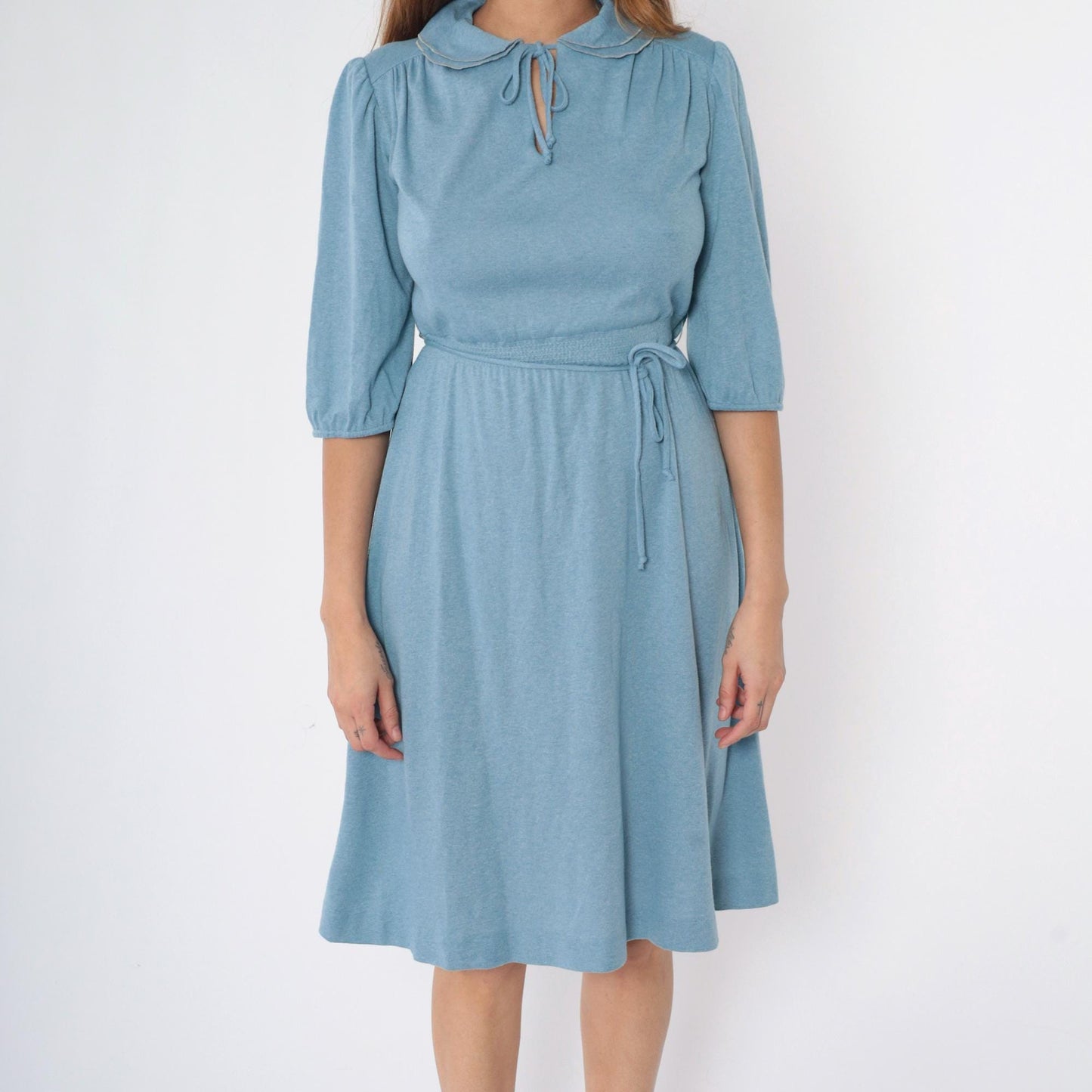 70s Monique Blue Midi Dress Peter Pan Collar Puff Sleeve Smocked Waist Small